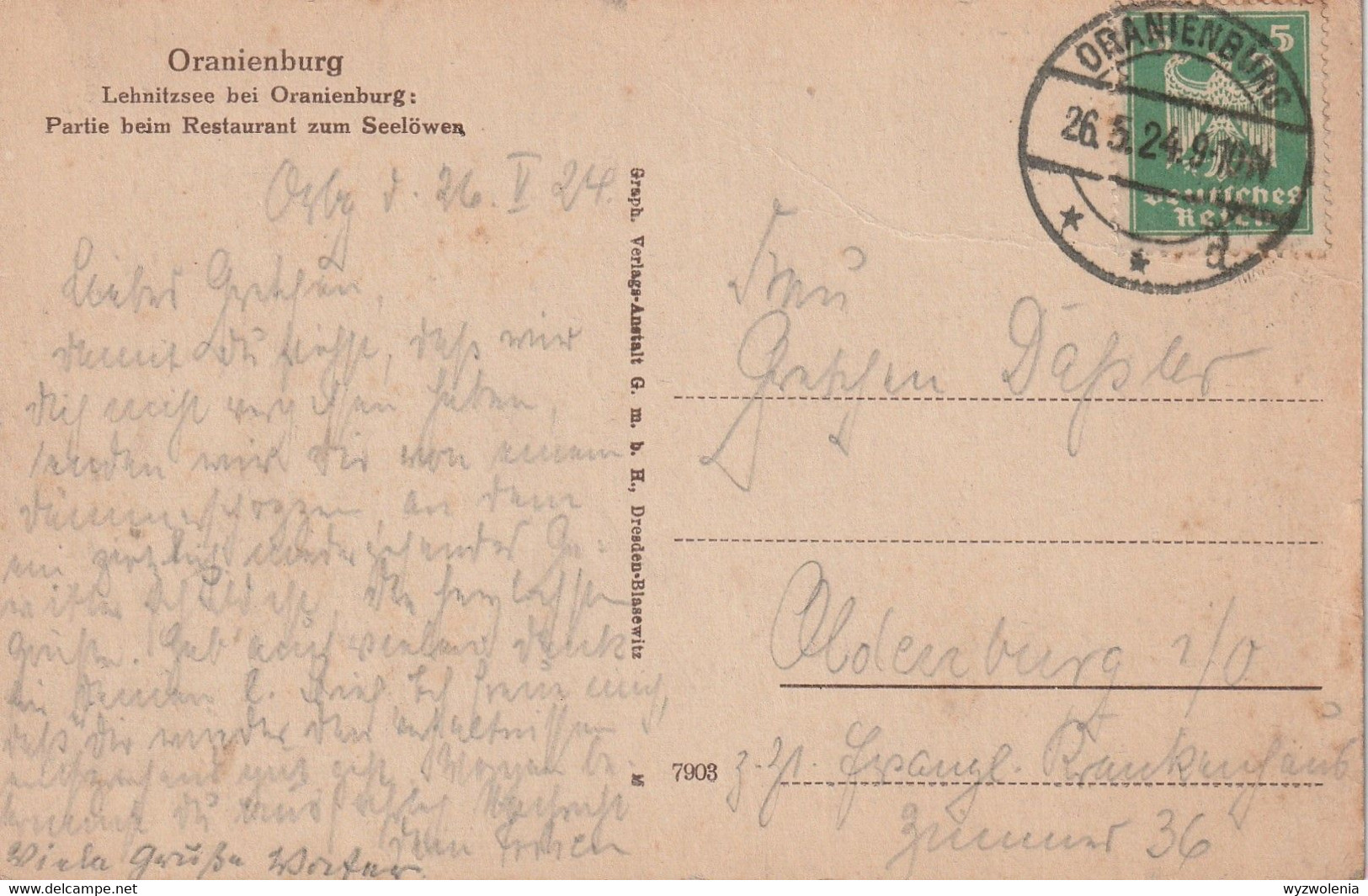 B 76) AK Lehnitzsee, Partie Beim Restaurant Zum Seelöwen, Gelaufen Oranienburg Am 26.5.1924 Nach Oldenburg - Oranienburg