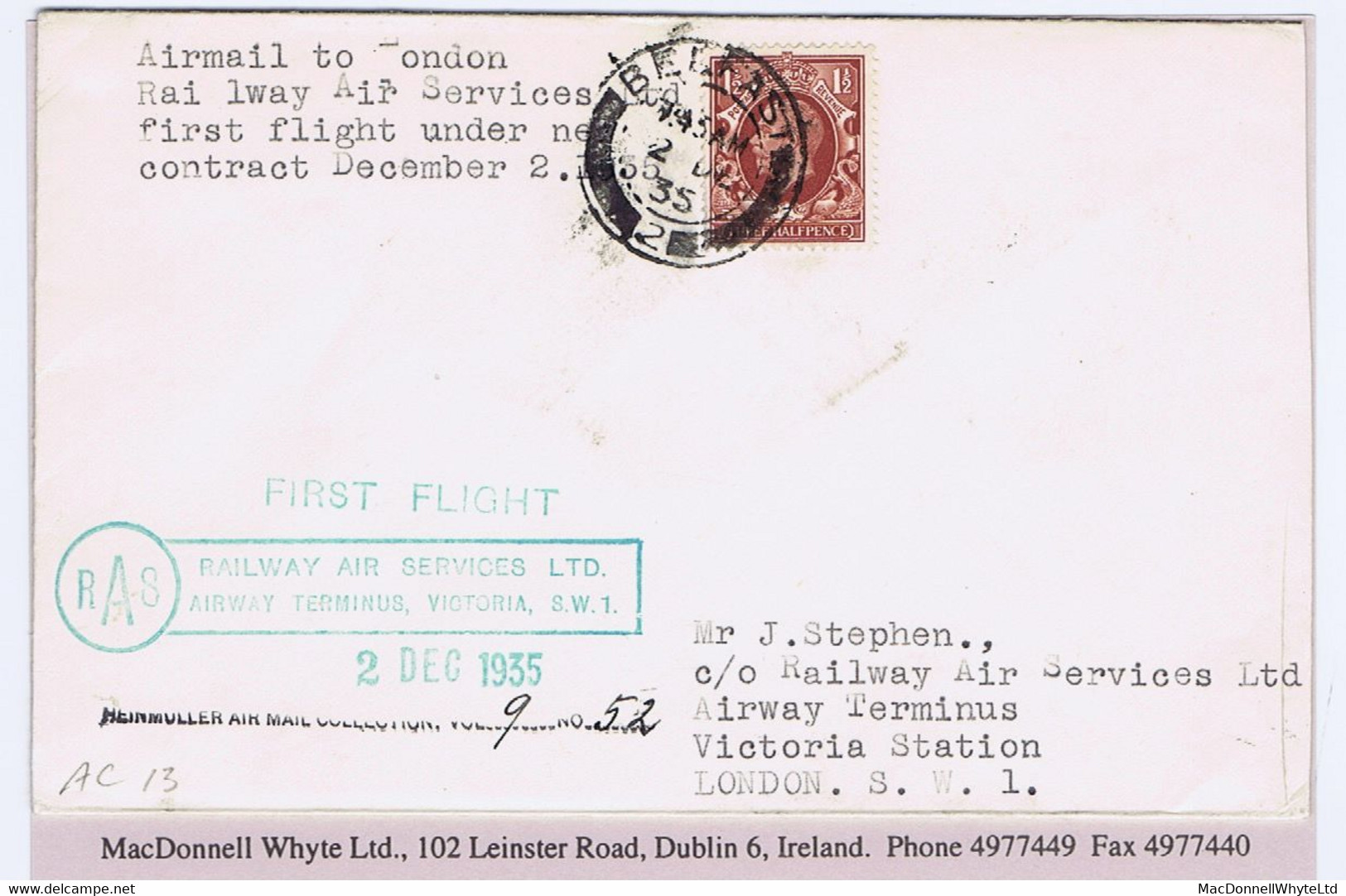 Ireland Airmail 1935 RAS First Flight Cover (new Contract) BELFAST 2 DEC To London, RAILWAY AIR SERVICES LTD - Airmail