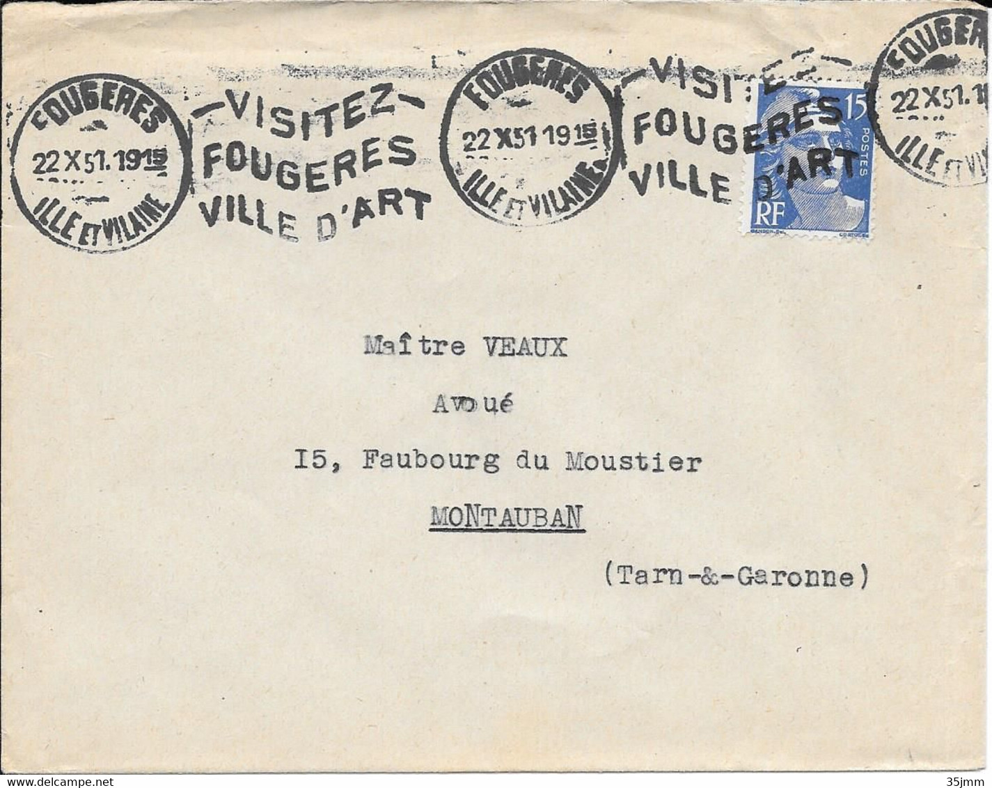 Flamme Krag Fougères Ville D'art Ille Et Vilaine 1951 - Mechanical Postmarks (Advertisement)