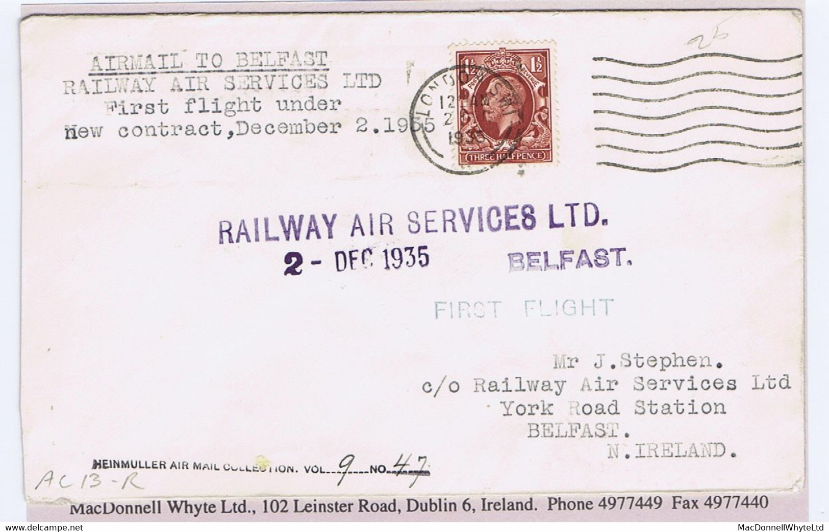 Ireland Airmail 1935 RAS First Flight Cover (new Contract) LONDON 2 DEC To Belfast, RAILWAY AIR SERVICES LTD - Airmail