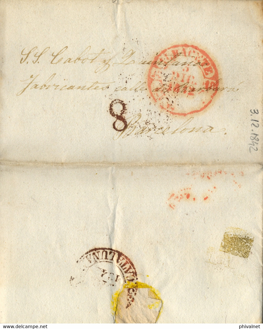 1842 ALBACETE , CARTA CIRCULADA A BARCELONA , BAEZA EN ROJO , PORTEO , LLEGADA - ...-1850 Voorfilatelie