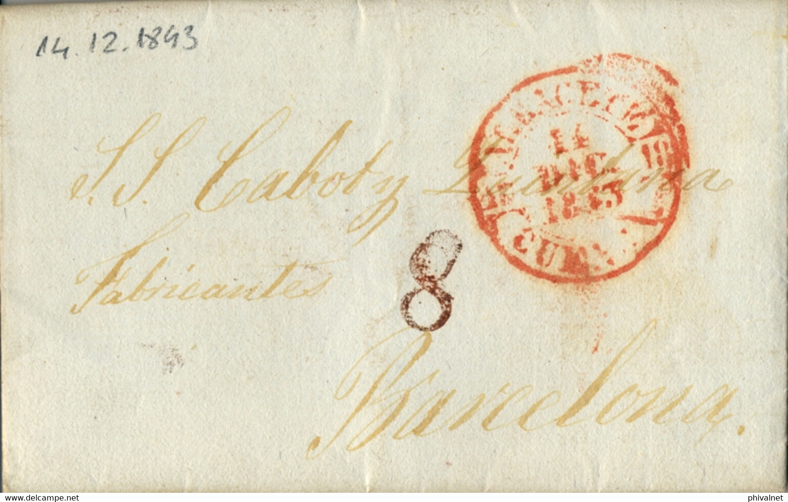 1843 ALBACETE , CARTA CIRCULADA A BARCELONA , BAEZA EN COLOR ROJO  , PORTEO - ...-1850 Prephilately