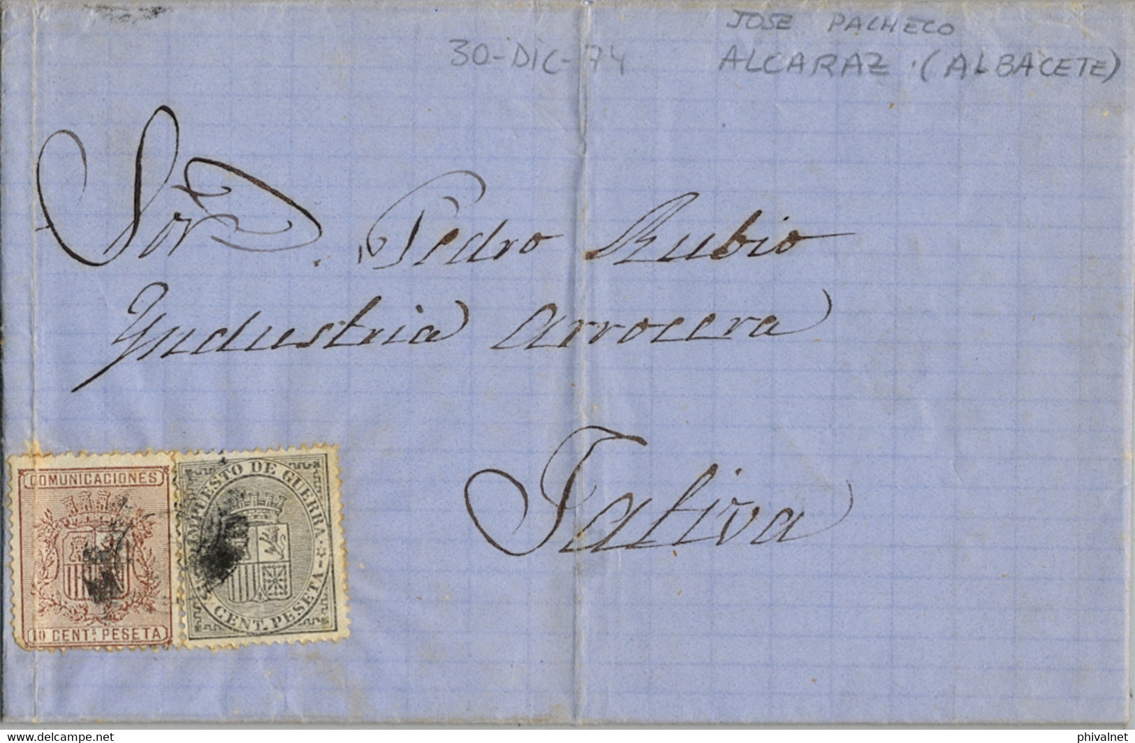 1874 ALBACETE , CARTA CIRCULADA ENTRE ALCARAZ Y JÁTIVA , ED. 153 , 141 - Storia Postale