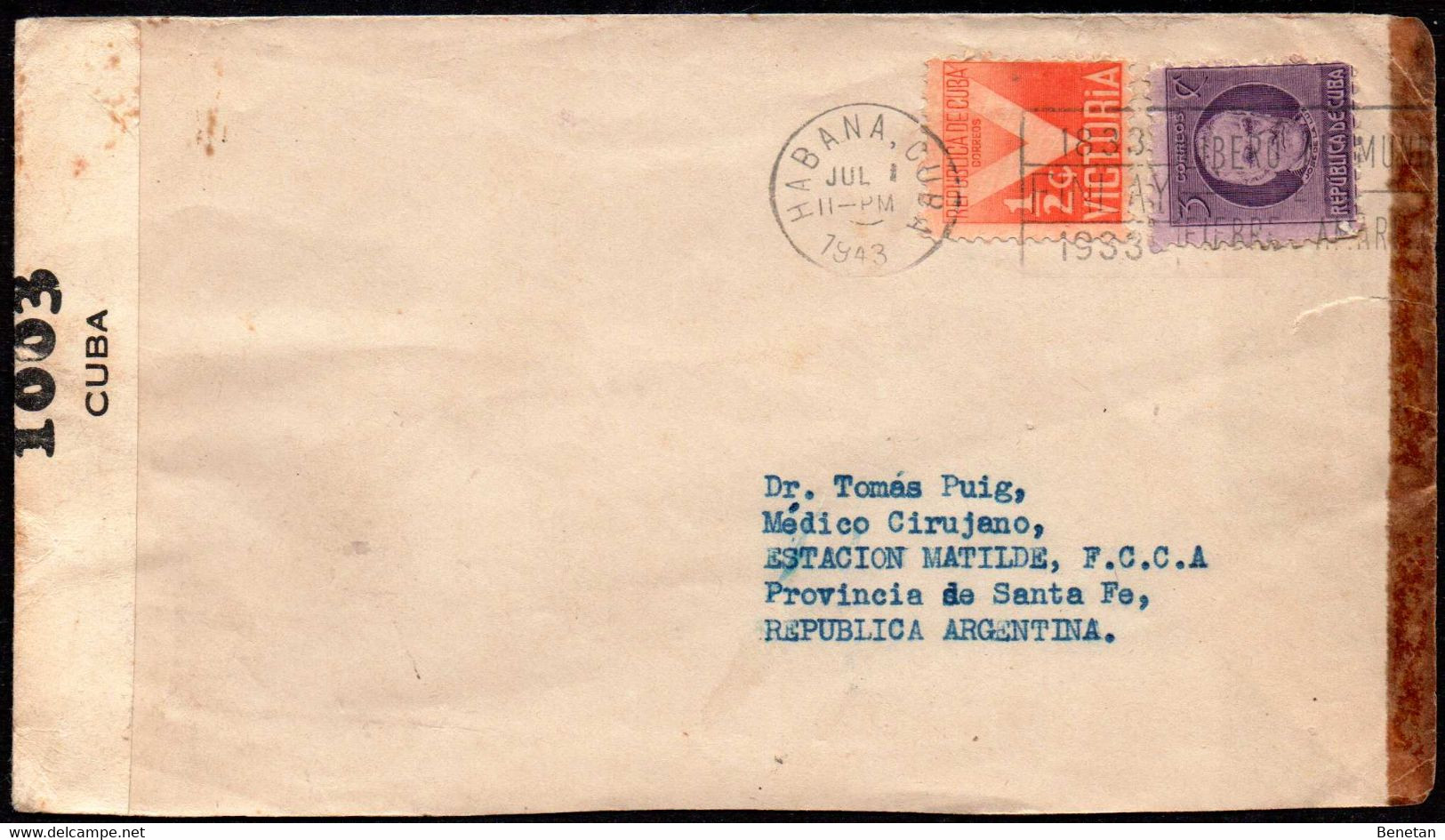 Cuba To Argentina Censored Cover 1943 "Estacion Matilde" Cancel - Briefe U. Dokumente