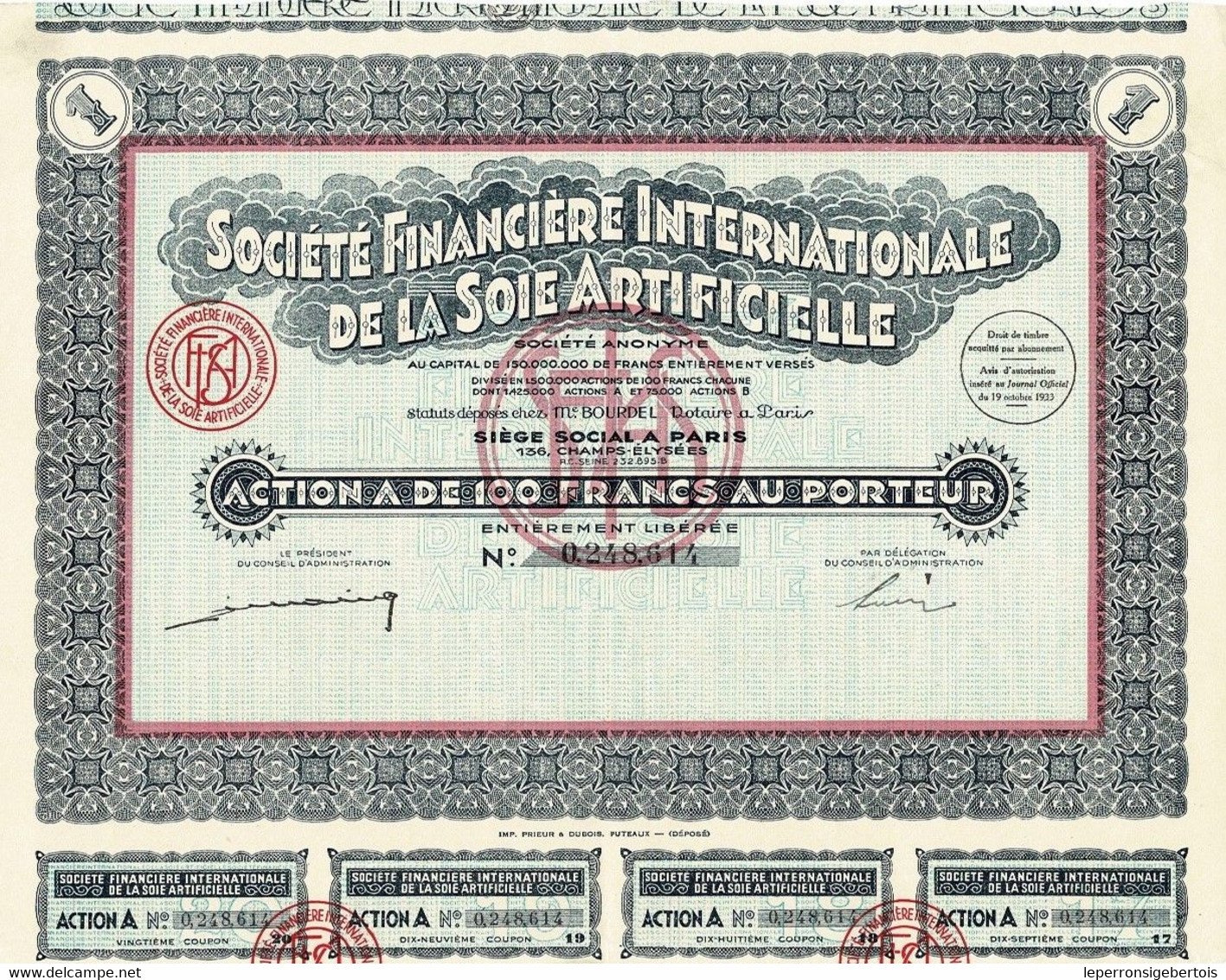 Titre Ancien - Société Financière Internationale De La Soie Artificielle -Titre De 1933 - - Textile