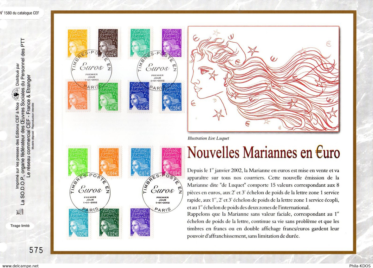 Faciale > 8.5 €  MARIANNE DU 14 JUILLET Sur Feuillet CEF 1er Jour N°té De 2002 N°YT 3443 à 57 Parf état FDC - 1997-2004 Maríanne Du 14 Juillet