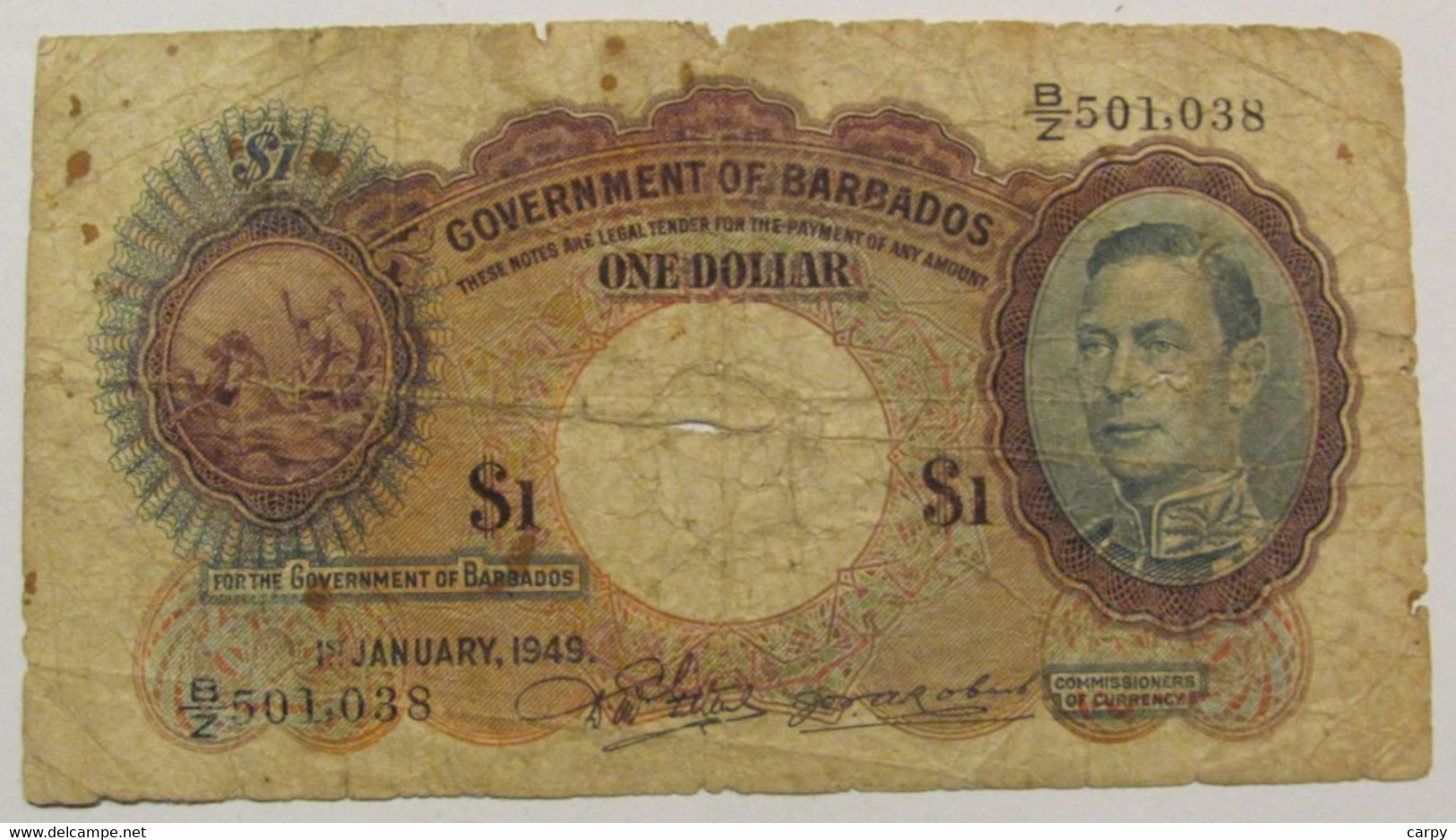 Dollar 1949 Barbados / King George VI / Some Marginal Tears & A Little Central Hole / Very RARE - Barbades