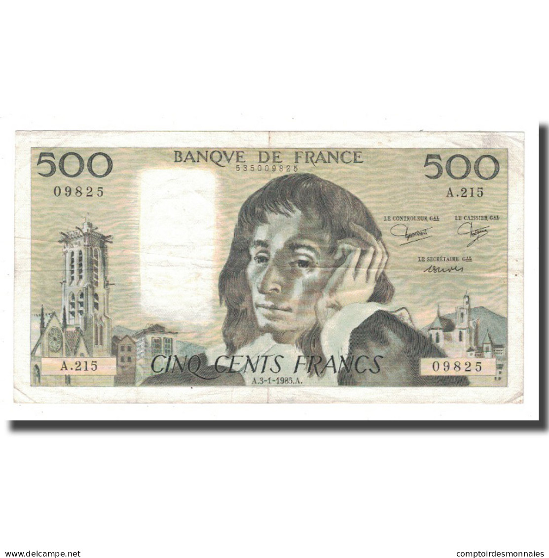 France, 500 Francs, 1985, 1985-01-03, TTB, Fayette:71.32, KM:156e - 500 F 1968-1993 ''Pascal''