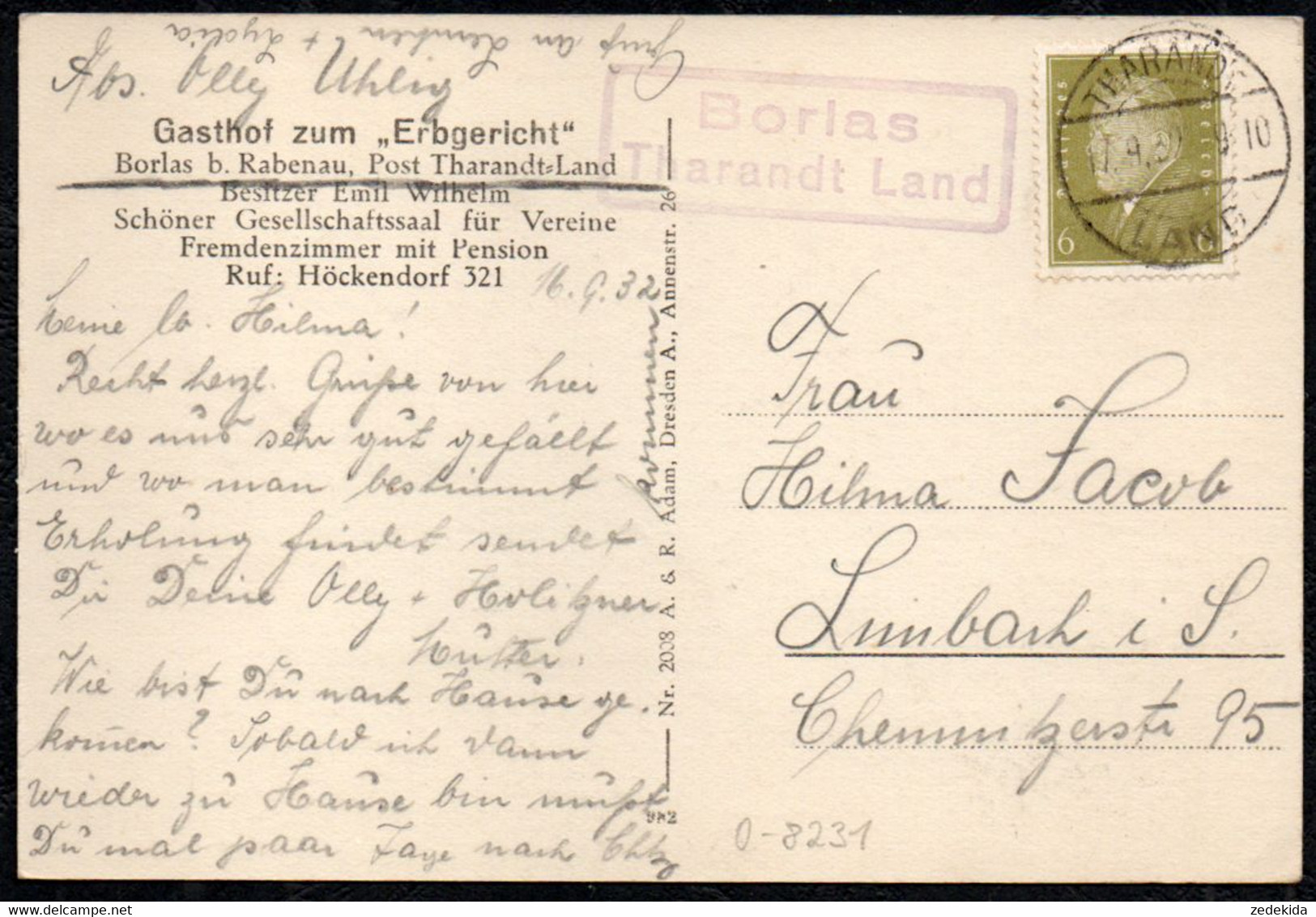 E7874 - Borlas OT Klingenberg - Gasthof Gaststätte Erbgericht - Landpost Landpoststempel Tharandt - Klingenberg (Sachsen)