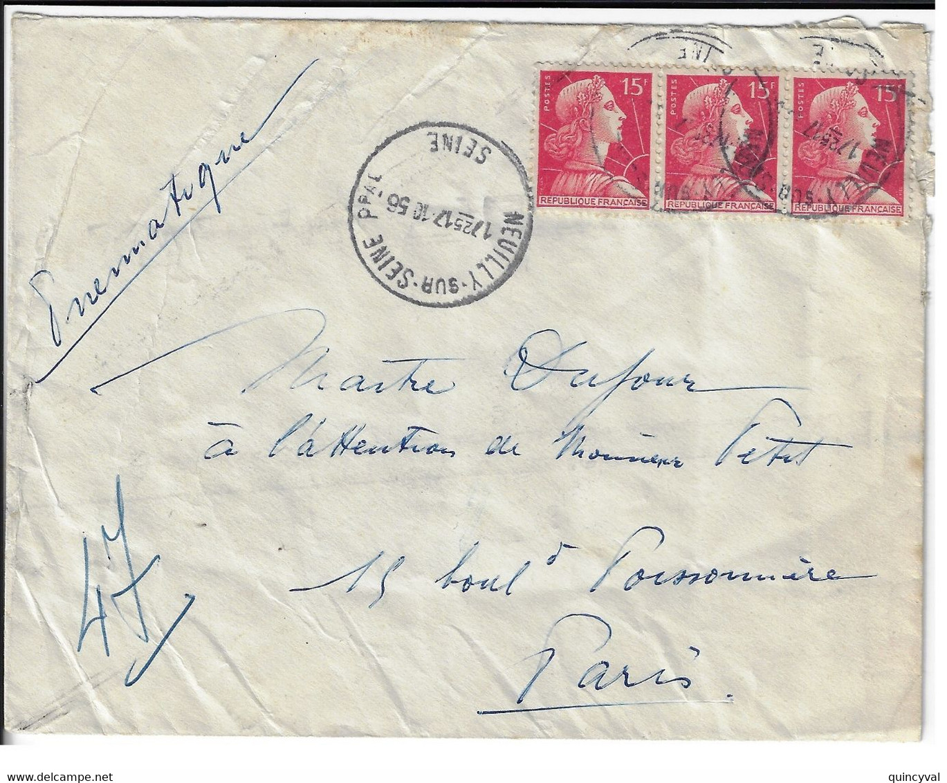 NEUILLY Sur SEINE Enveloppe Pneumatique 15 F Muller Rouge Yv 1011 Dest Paris 47 Via Paris Bourse PN Ob 17 10 1956 - Covers & Documents