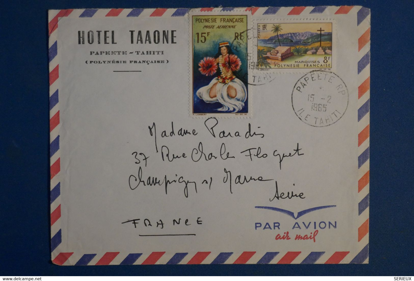 AH12 POLYNESIE  SUR  LETTRE  1965   PAPEETE  POUR CHAMPIGNY    +AEROPHILATELIE  +AFFRANCH.  INTERESSANT - Briefe U. Dokumente