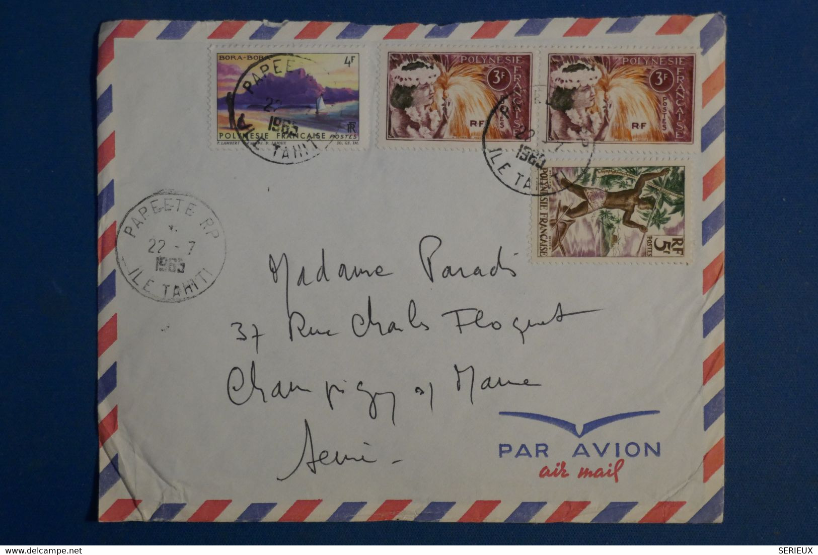 AH12 POLYNESIE  SUR  LETTRE  1965    POUR CHAMPIGNY  FRANCE   ++AFFRANCH.  INTERESSANT - Covers & Documents