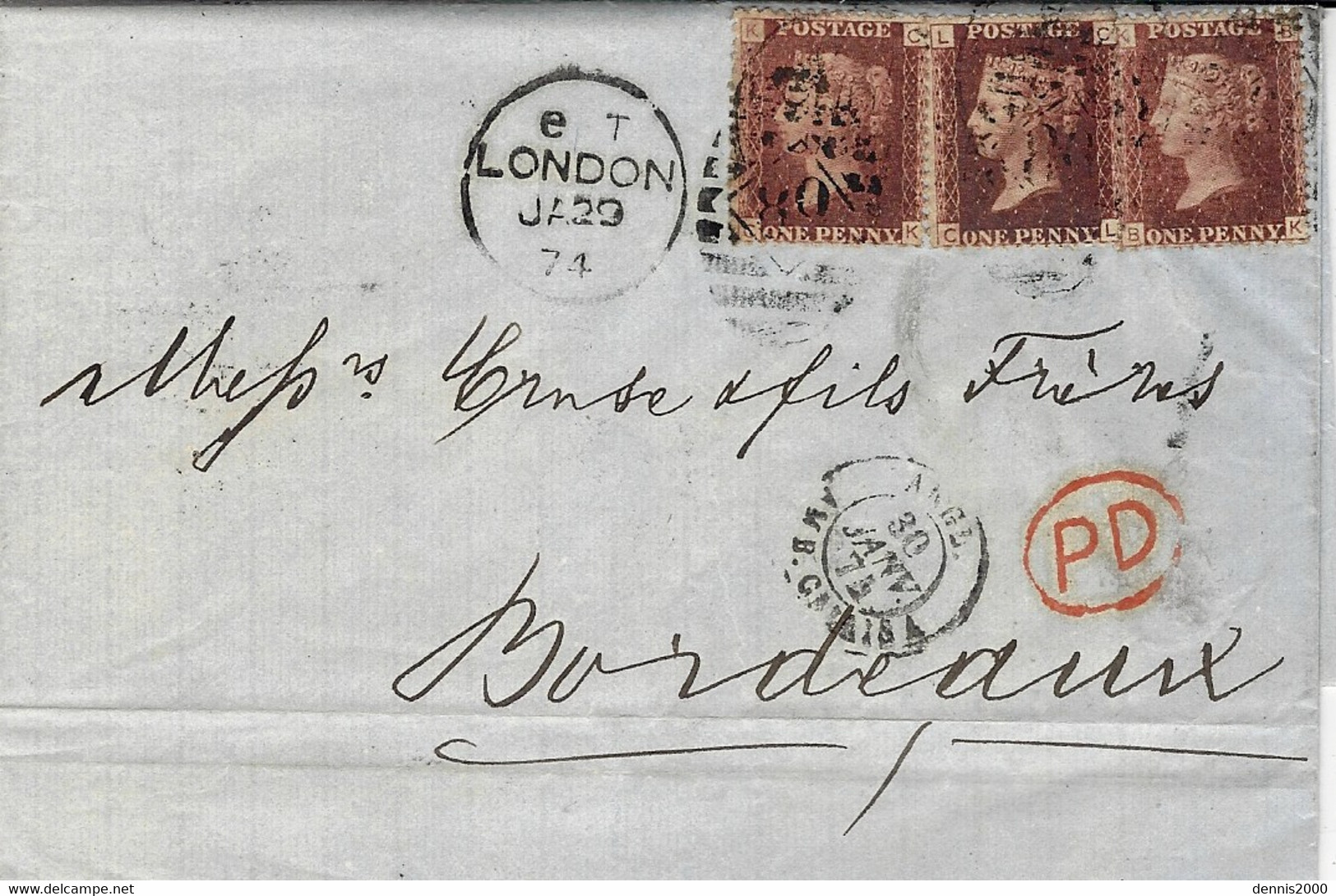 1871- Letter From London To Bordeaux  Fr.  1 Penny X 3    Pl. 164 - Briefe U. Dokumente