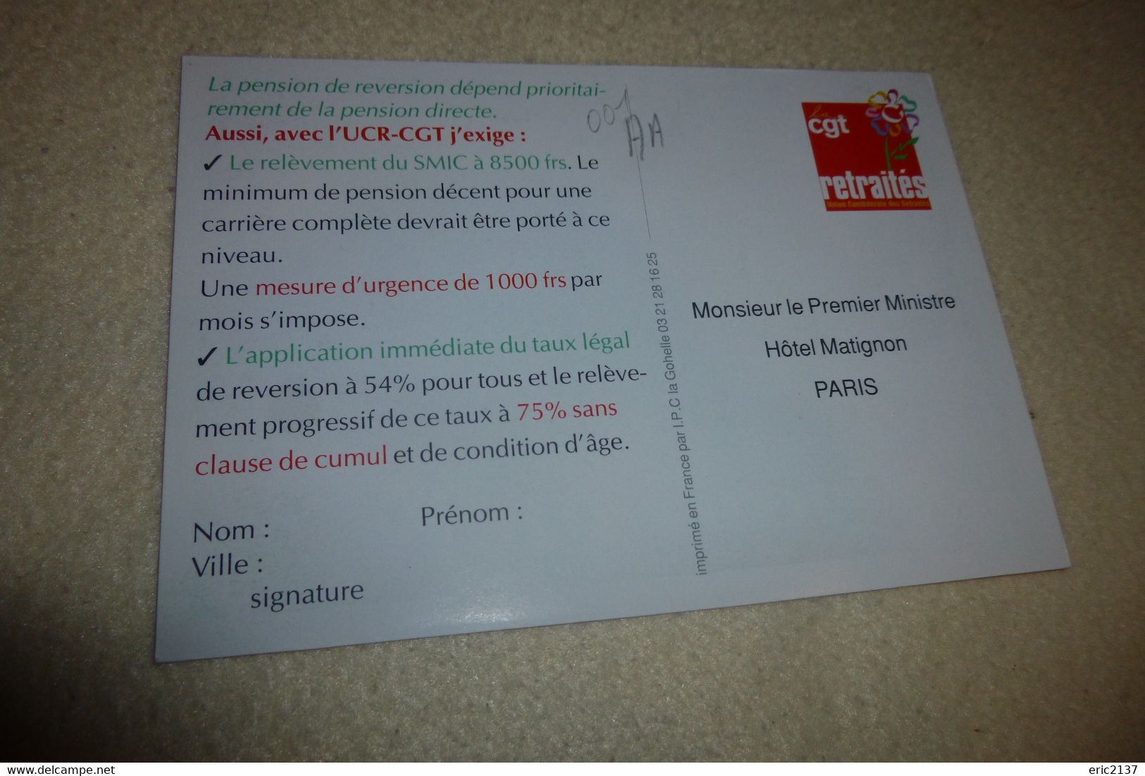 CARTE  PROPAGANDE DE LA CGT  "RETRAITES".. - Syndicats