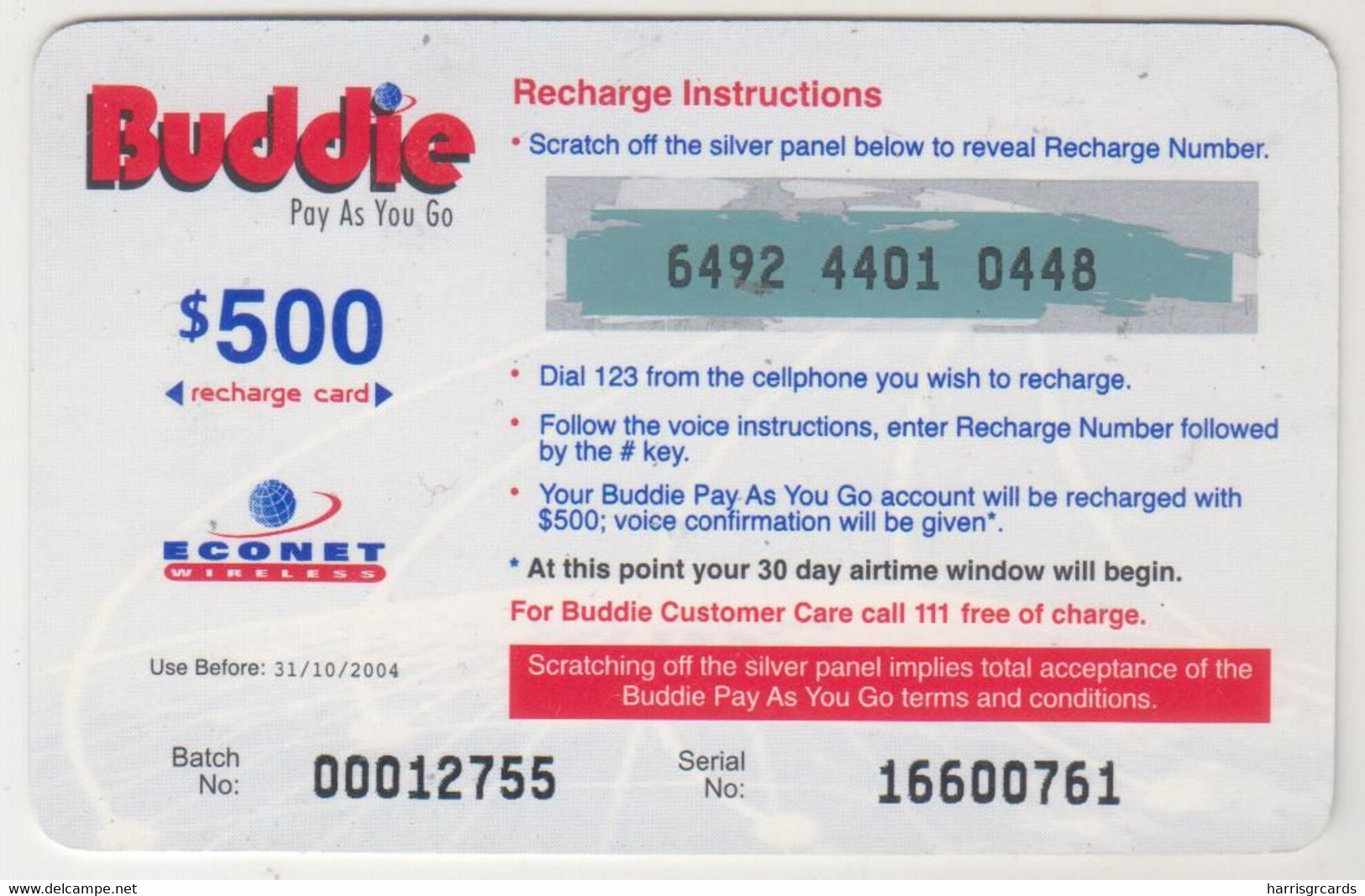 ZIMBABWE - Buddie Pay As You Go, Z$500, Exp.date  31/10/2004, Used - Simbabwe