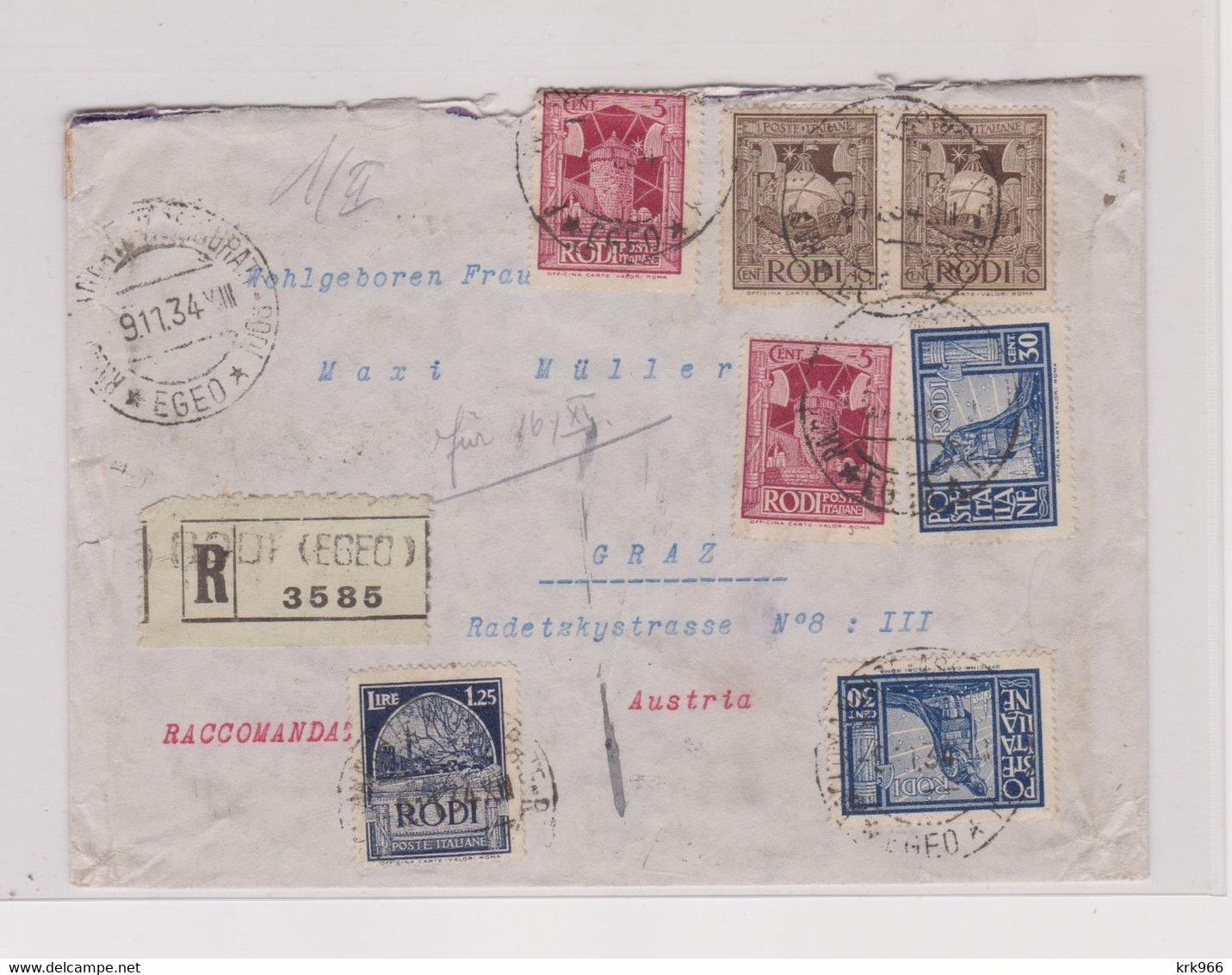 GREECE ITALY 1934 RODOS RODI Registered Cover To Austria - Covers & Documents