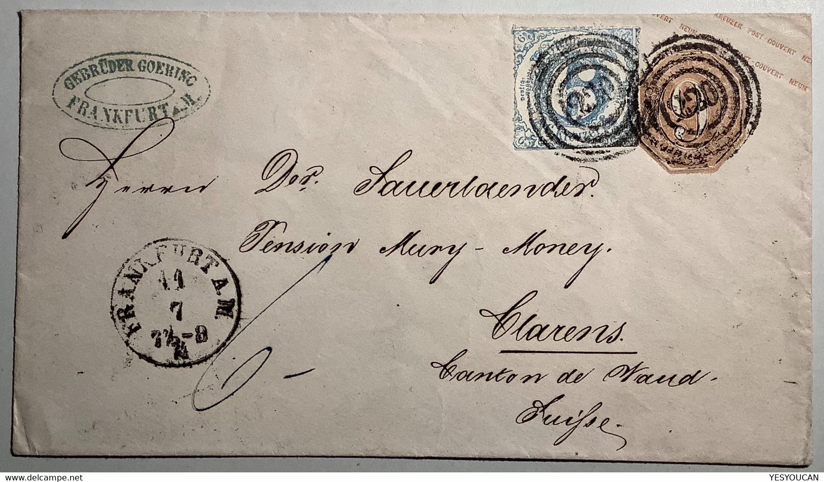 Thurn&Taxis 1866 Ganzsache Frankfurt A.Main>Hotel Pension Mury-Money Chailly Clarens Vaud Schweiz(Brief Lettre Suisse VD - Covers & Documents