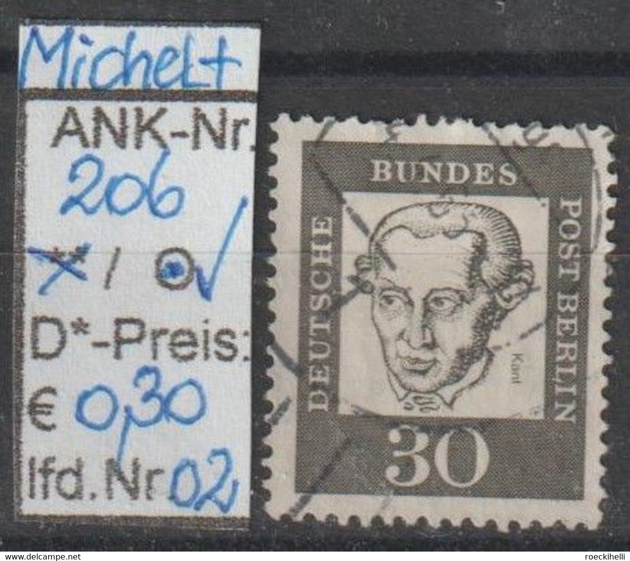 1961-BERLIN (West) - FM/DM "Kopfbilder Bedeut. Deutscher" 30 Pfg. Br'schwarz - O Gestempelt - S.Scan (206o 01-02 Berlin) - Usati
