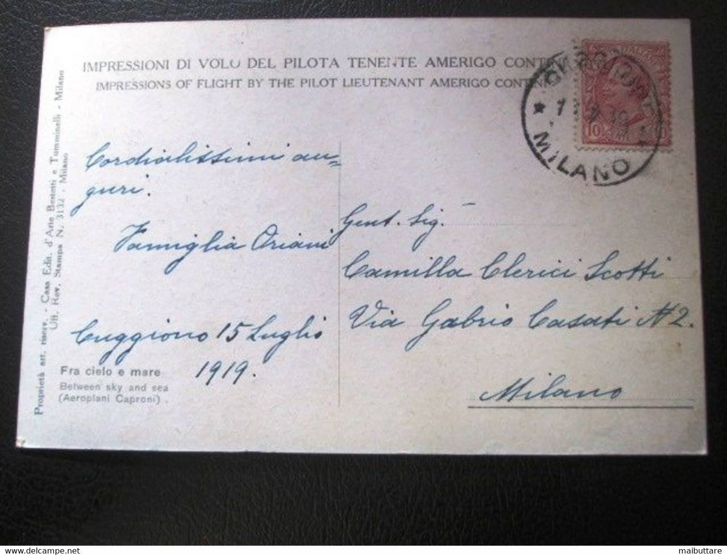 Cartolina Aviazione - Fra Cielo E Mare Aeroplani Caproni - Tenente Amerigo Contini.viaggiata 1919 - Cod.2841-140 M+s+d+e - Aviation