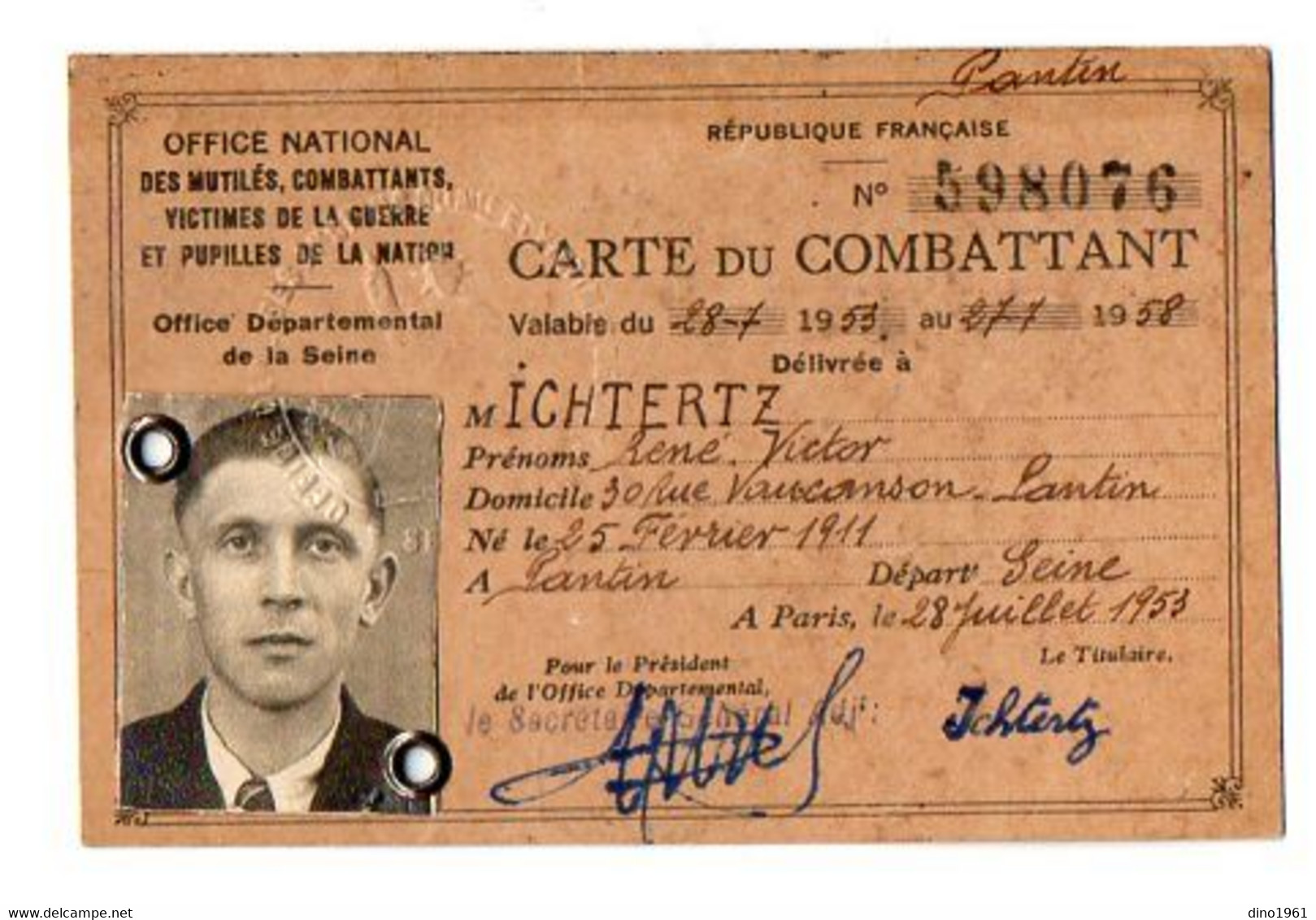 VP18.594 - MILITARIA - PARIS 1953 - Carte Du Combattant - Mr R.V. ICHTERTZ à PANTIN - Documenti