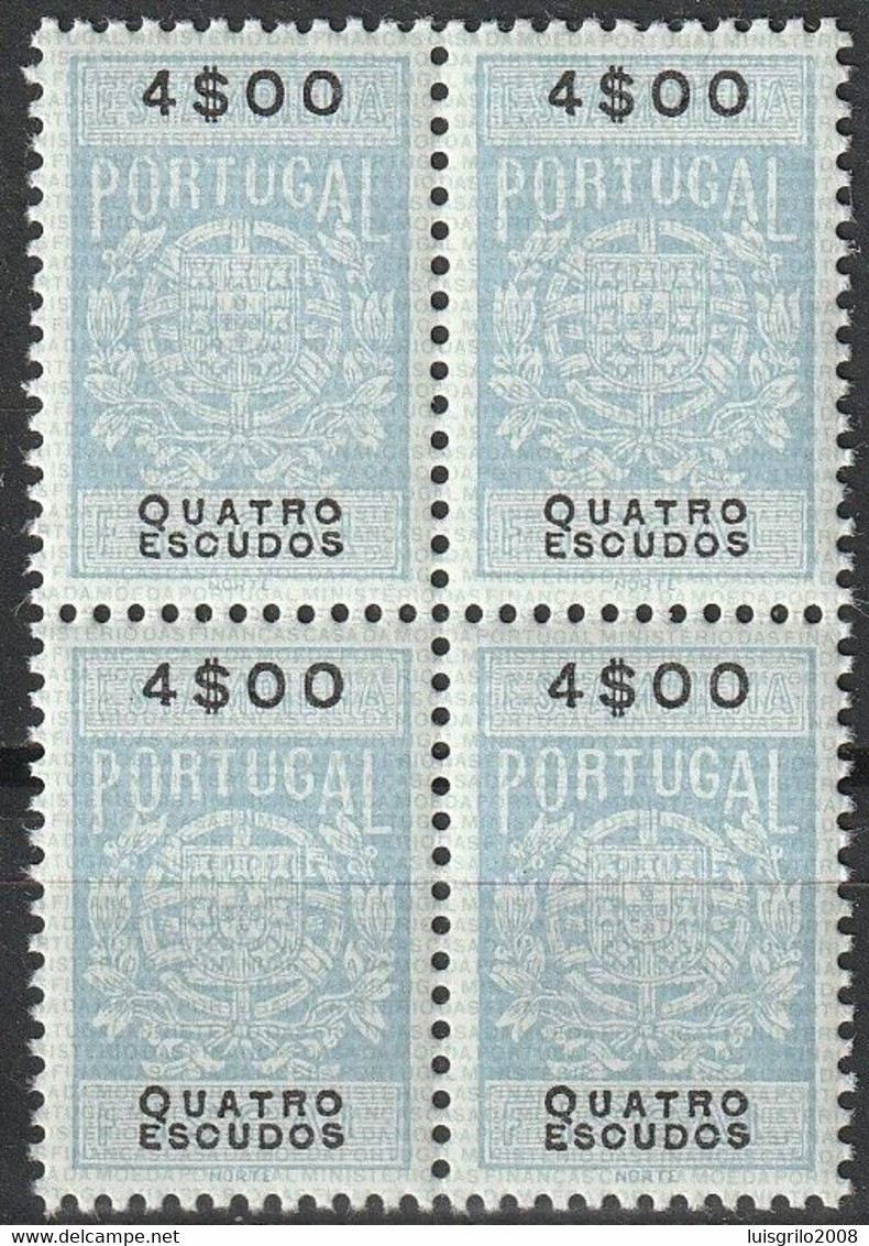 Fiscal/ Revenue, Portugal - Estampilha Fiscal, Série De 1940 -|- 4$00 - Block MNH** - Unused Stamps