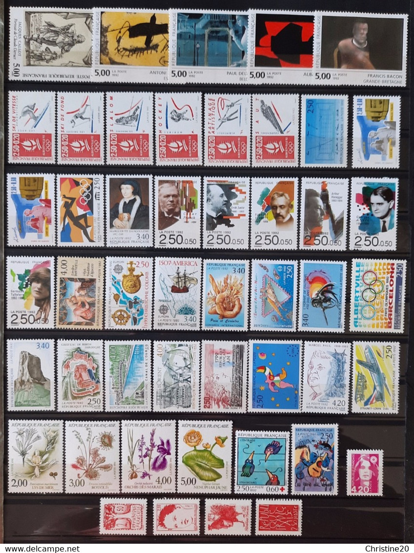 France Année Complete 1992 48 Timbres **TB Cote 79€ Faciale 23,57€ - 1990-1999