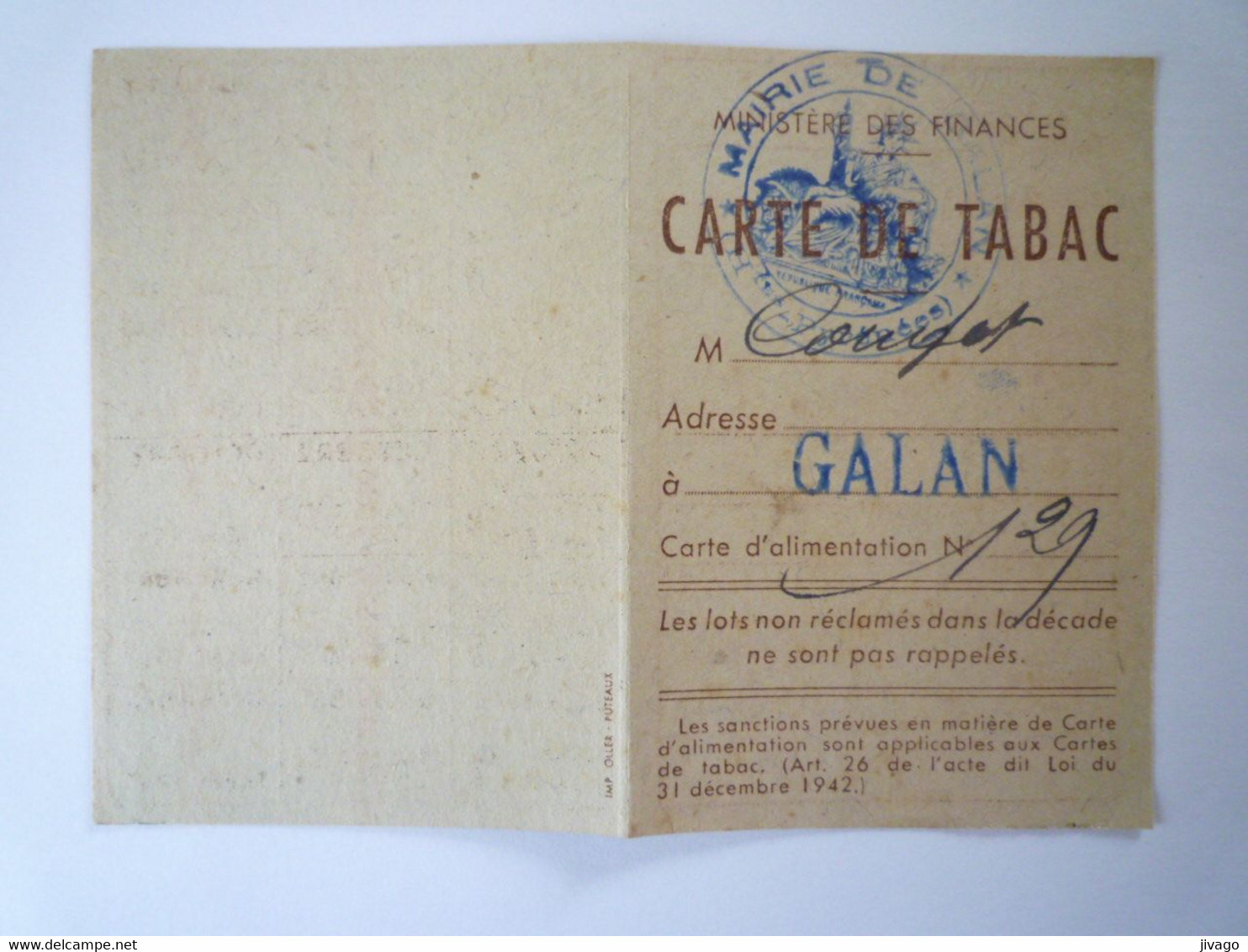 2021 - 4076  GALAN  (Hautes-Pyrénées)  :  CARTE De TABAC  1947  XXX - Non Classés