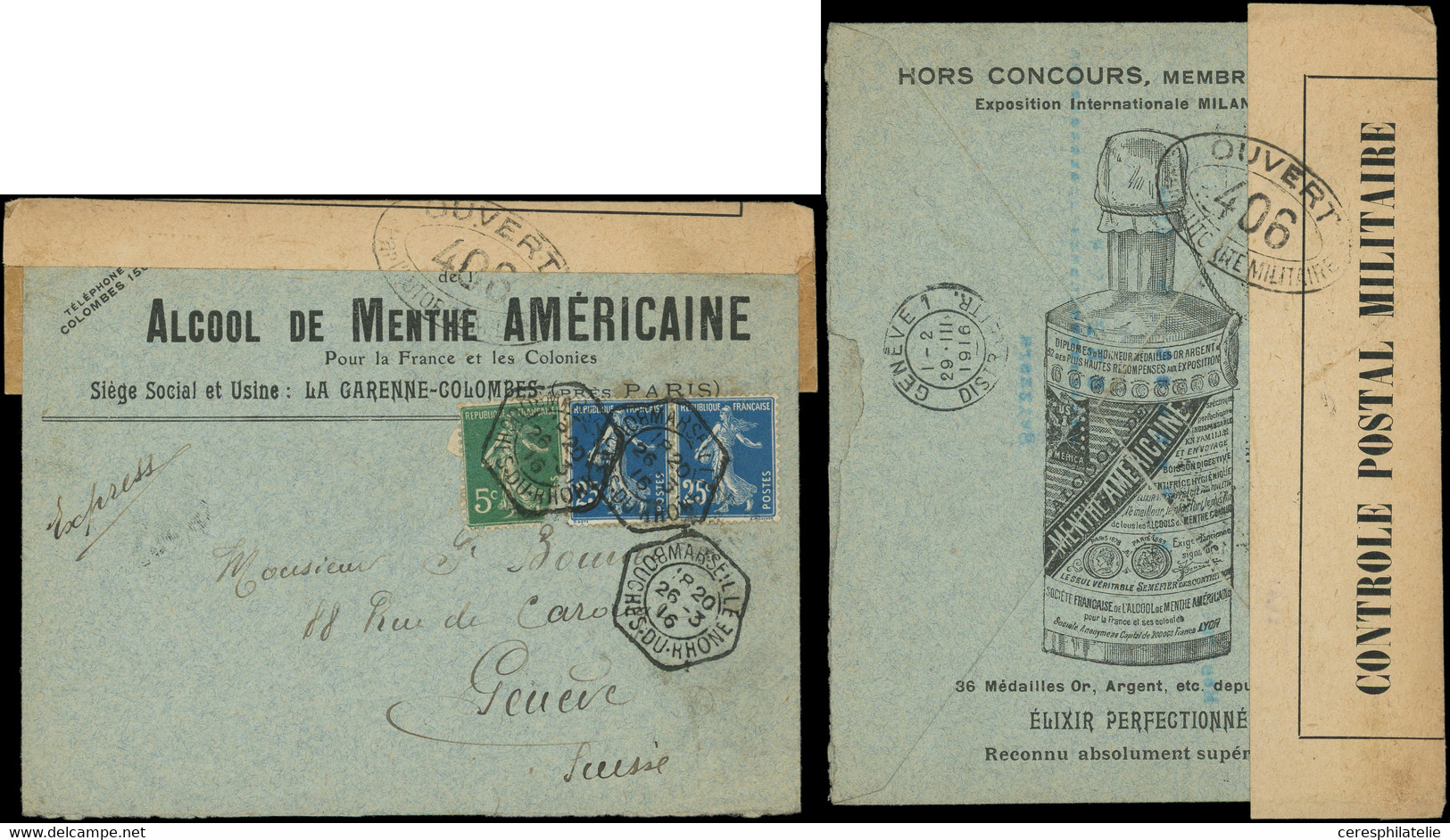 Let LETTRES DU XXe SIECLE - N°137 Et 140 PAIRE Obl. Càd Hexag. Des LEX MARSEILLE 26/3/16 S. Env. Pour La Suisse, TB - Storia Postale