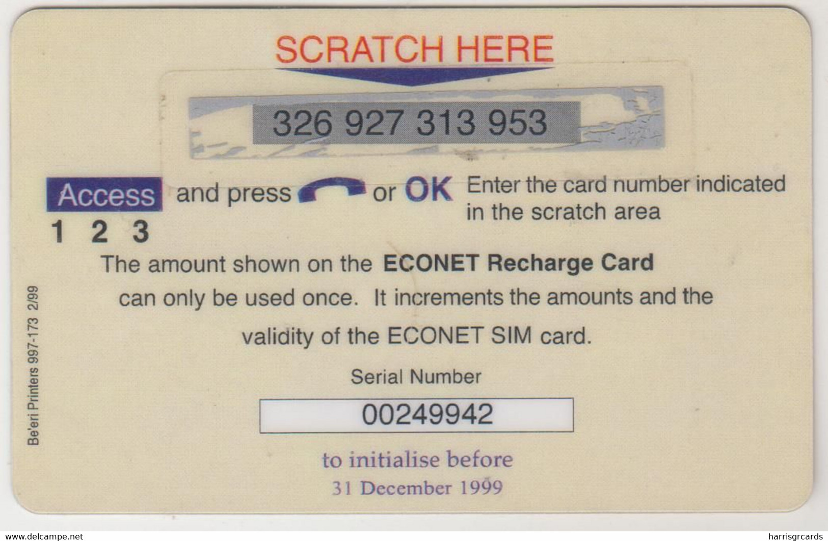 ZIMBABWE - Recharge Card, Econet Wireless Mobile Refill Z$100, Exp.date  31/12/1999, Used - Zimbabwe