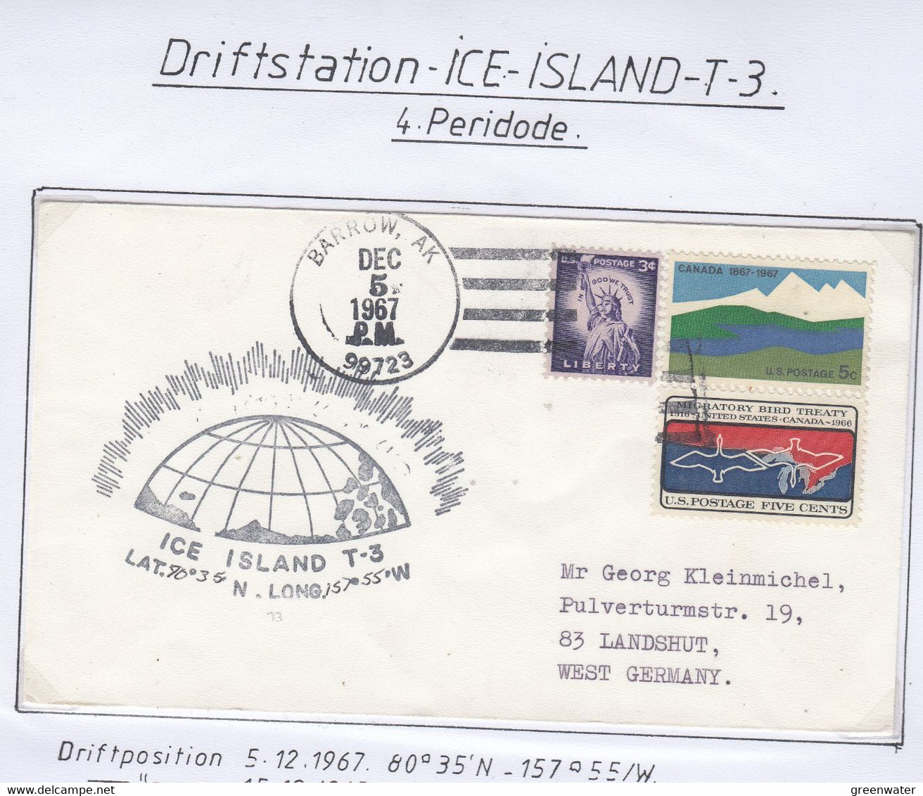USA Driftstation ICE-ISLAND T-3 Cover Ca Ice Island T-3 Periode 4 Ca  DEC 5 1967 Signature  (DR126) - Scientific Stations & Arctic Drifting Stations