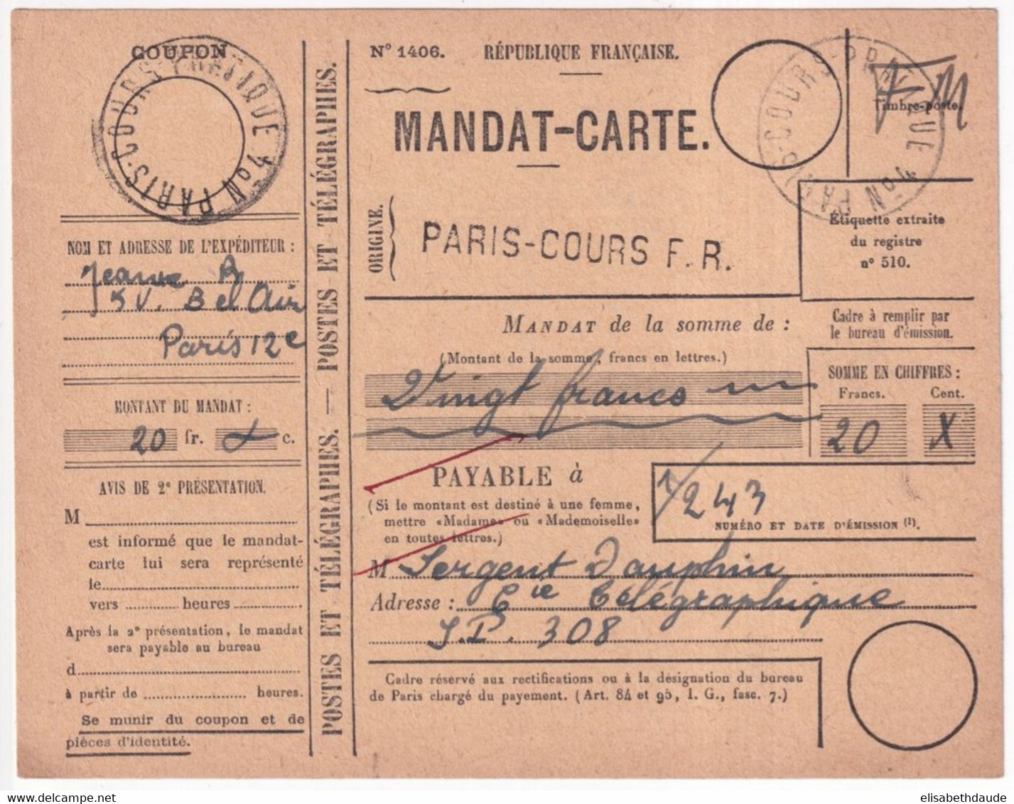 COURS D'INSTRUCTION - RARE MANDAT-CARTE FM ! COURS PRATIQUE N°4 à PARIS => TELEGRAPHE SP 308 - Cursussen