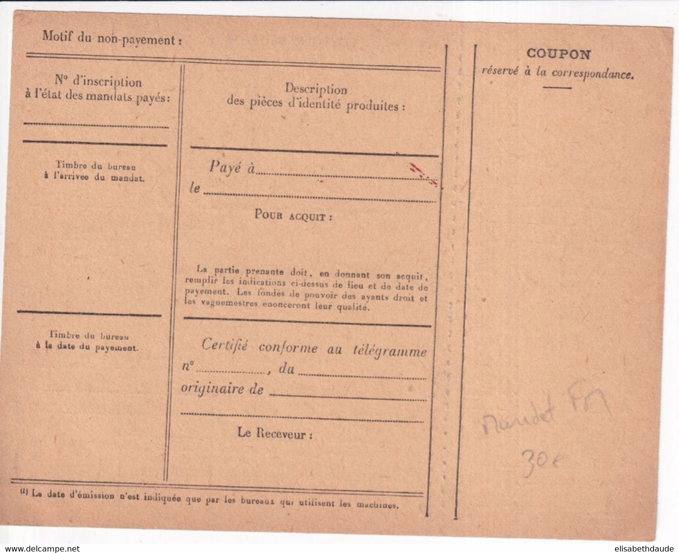 COURS D'INSTRUCTION - RARE MANDAT-CARTE FM ! COURS PRATIQUE N°4 à PARIS => TELEGRAPHE SP 308 - Instructional Courses