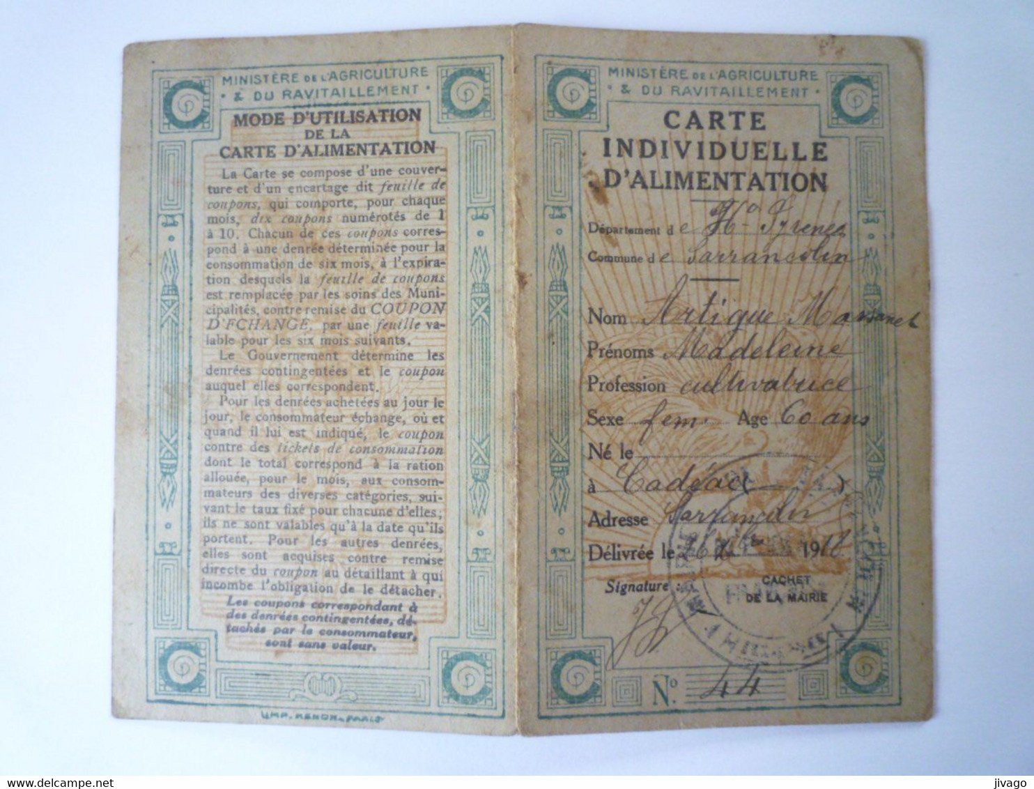 2021 - 4084  RATIONNEMENT 1918 :  Carte Individuelle D'Alimentation  (CADEAC 1918 - 1920)  XXX - Non Classés