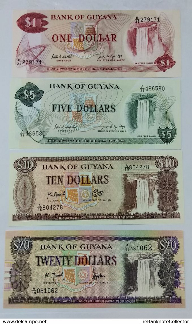 GUYANA 1 5 10 AND 20 DOLLARS 1978 SERIES 4 PIECES BANKNOTES SET UNCIRCULATED - Guyana