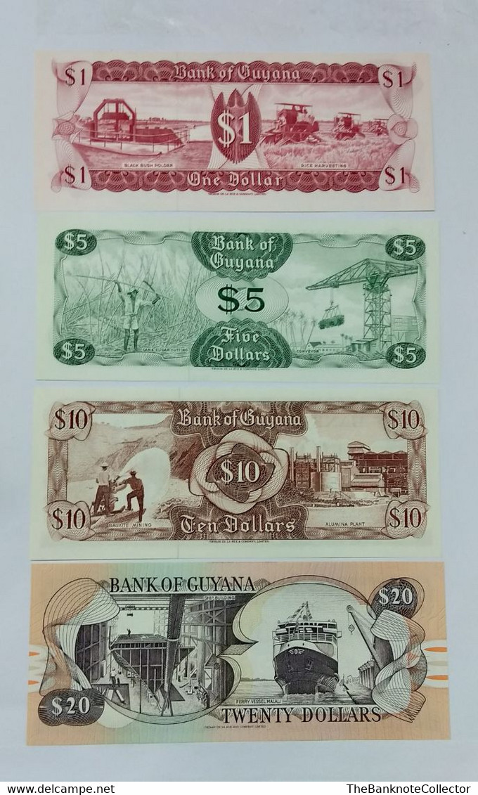 GUYANA 1 5 10 AND 20 DOLLARS 1978 SERIES 4 PIECES BANKNOTES SET UNCIRCULATED - Guyana