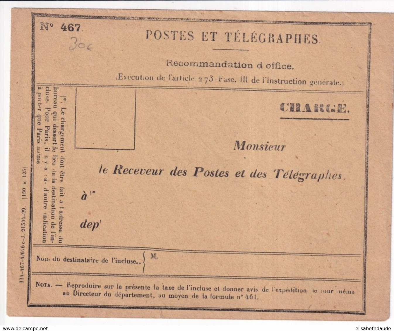 1929 - ENVELOPPE De SERVICE PTT RARE MODELE 467 Avec CHARGEMENT DESTINEE AUX RECEVEURS DES POSTES ! - Lettres Civiles En Franchise