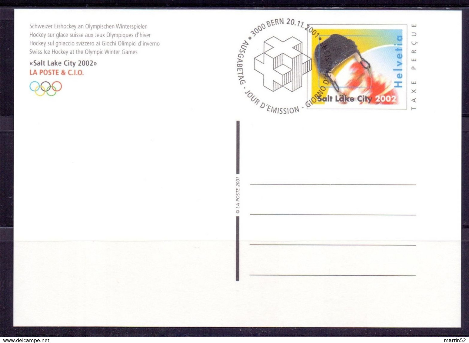 Schweiz Suisse 2001: Bild-PK CPI-Entier Stationery-card "Salt Lake City 2002" Mit ET-o BERN 20.11.2001 - Hiver 2002: Salt Lake City