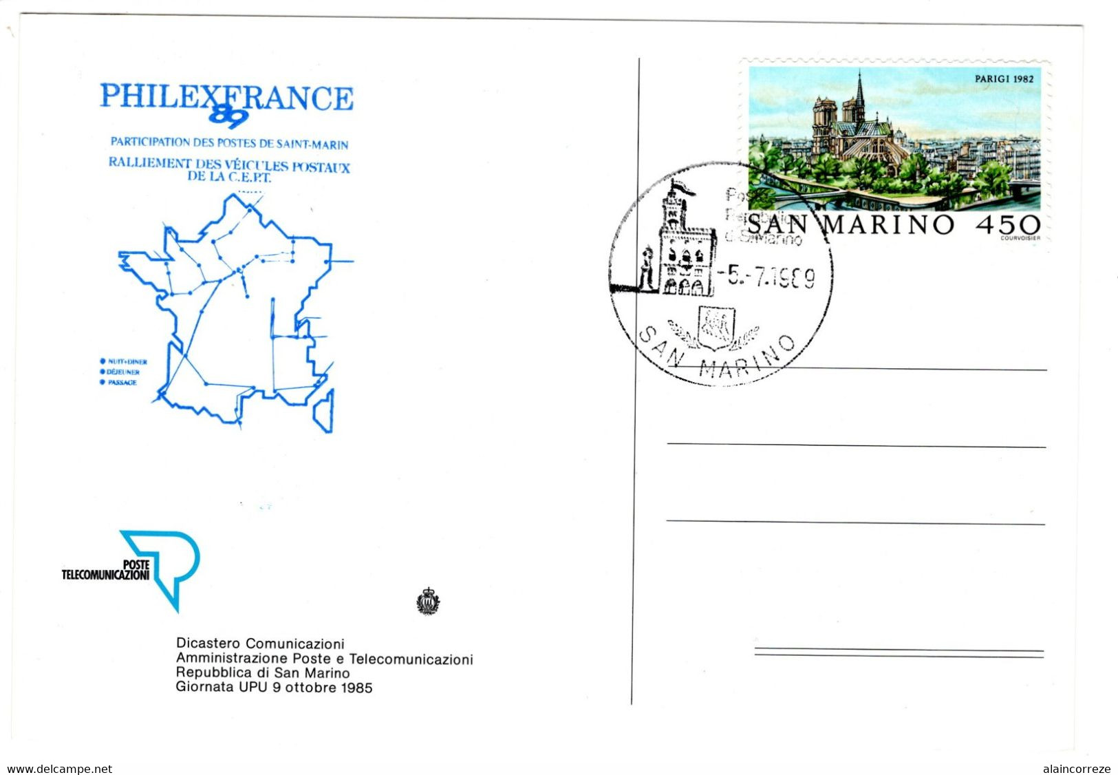 Carte Repiquée Pour PHILEXFRANCE 89 Participation Des Postes De Saint Marin Ralliement Des Véhicules Postaux 5/7/1989 - Covers & Documents
