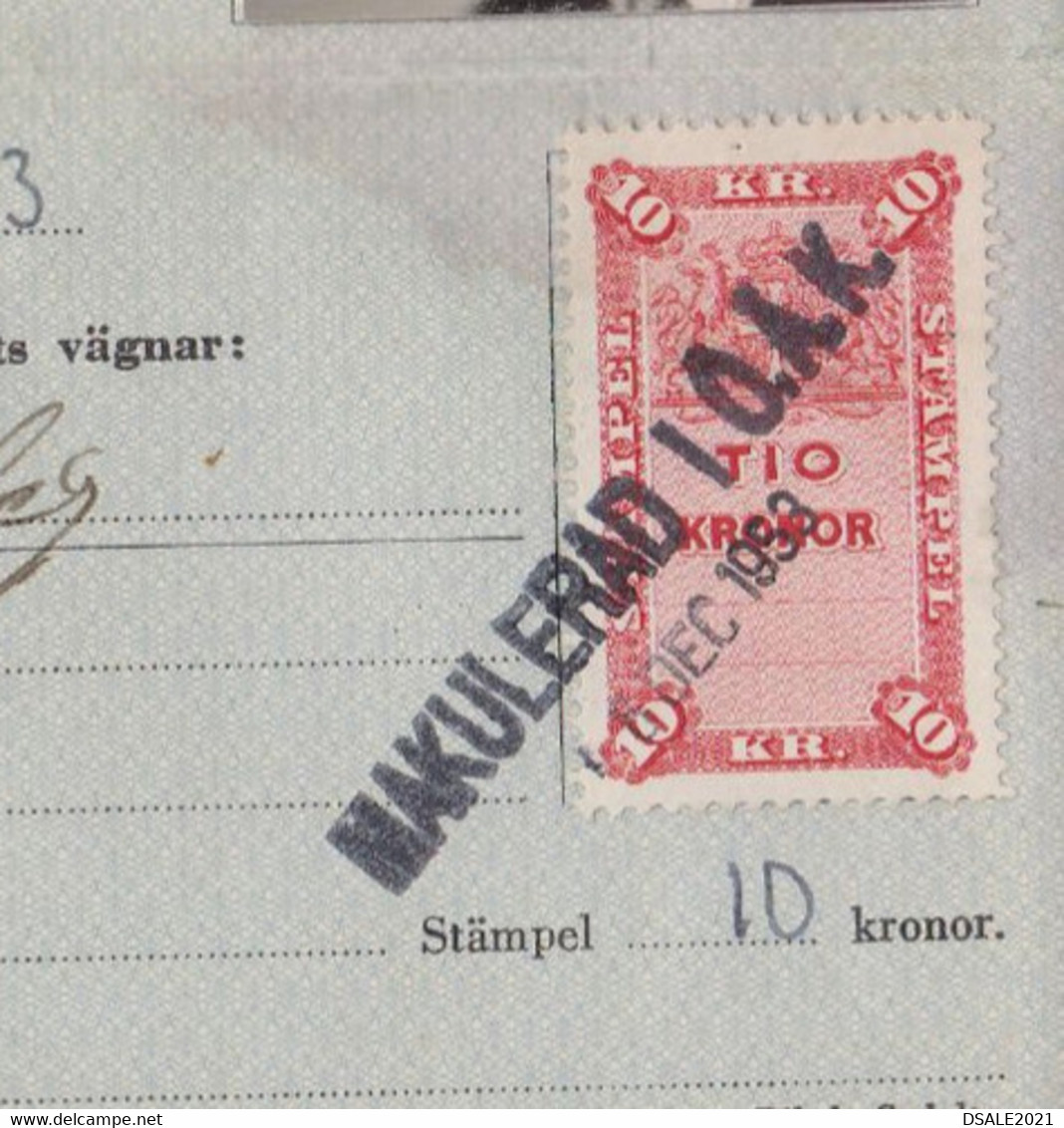 Sweden 1953 Swedish Driving Licence With 10KR Local Fiscal Revenue Stamp (61039) - Fiscale Zegels