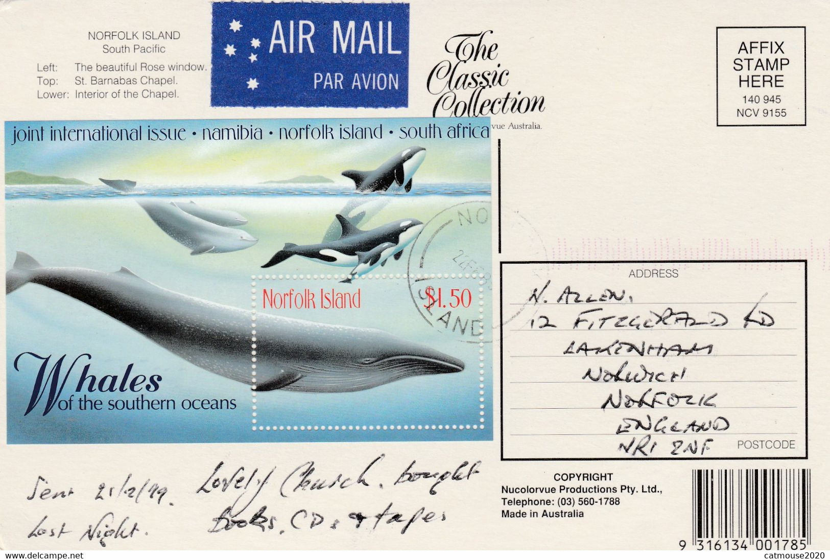 Norfolk Island Postcard Whales To UK 1999 - Isola Norfolk