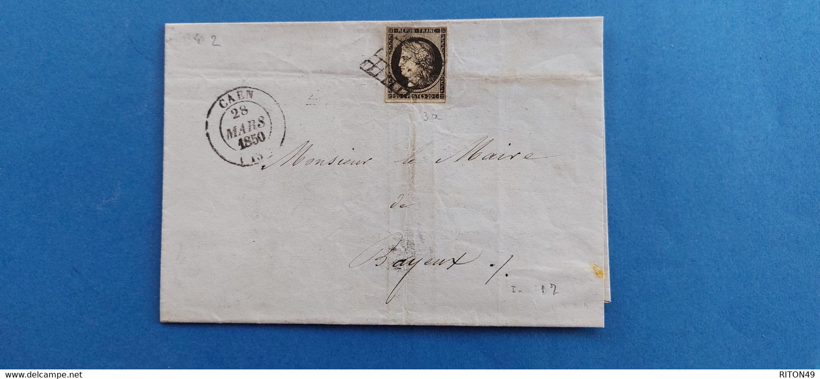 LETTRE 1850 BAYEUX MAIRE DE BAYEUX CAD CAEN CERES 20C N3A LOSANGE - 1849-1850 Ceres