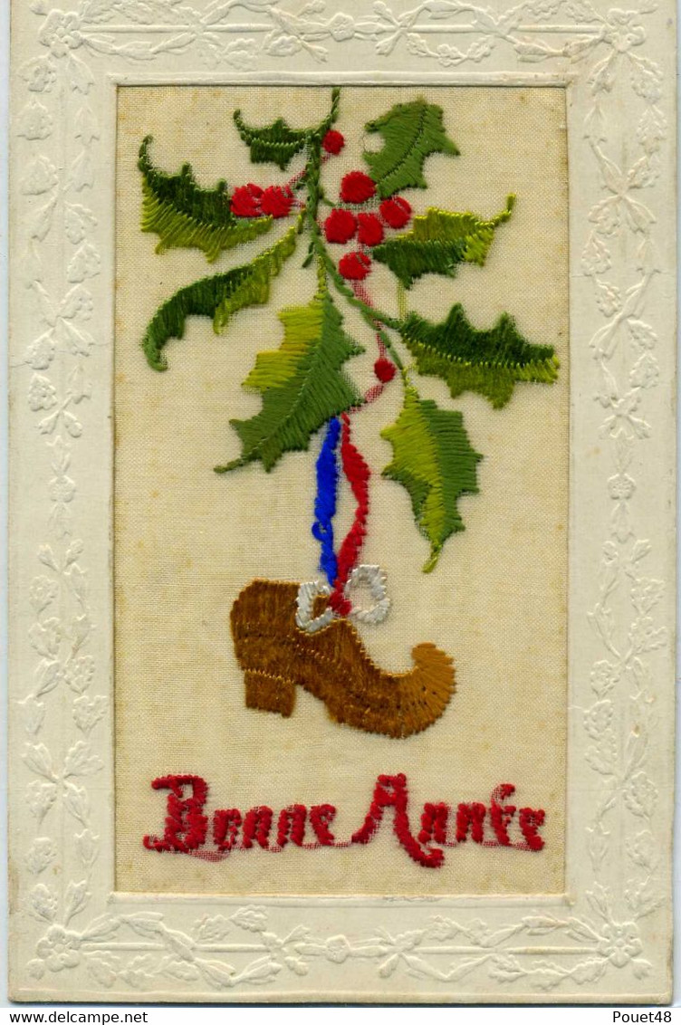 Carte Brodée - Bonne Année- Branche De Houx Avec Un Sabot - Bestickt