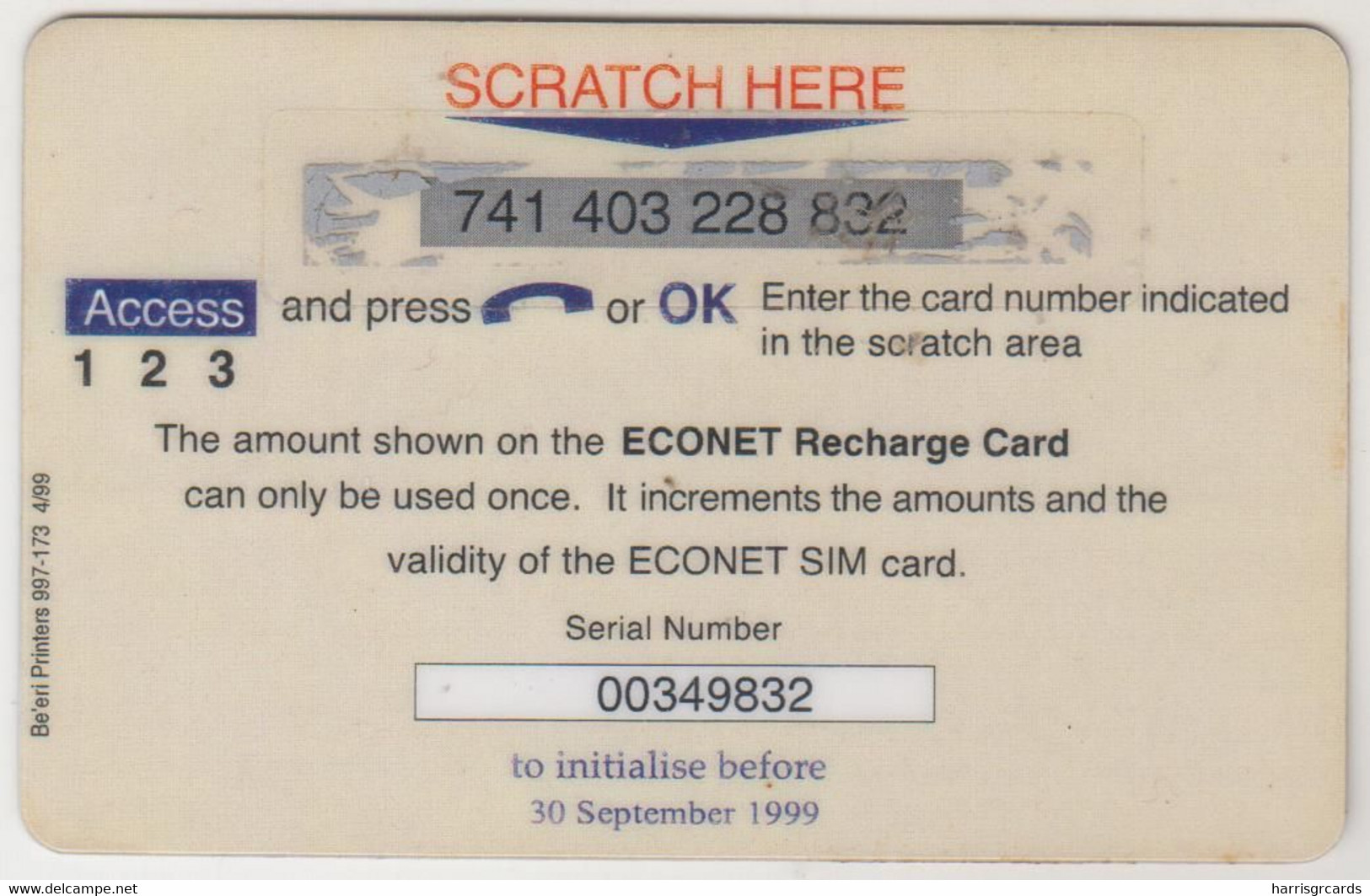 ZIMBABWE - Recharge Card, Econet Wireless Mobile Refill Z$100, Exp.date  30/09/1999, Used - Simbabwe