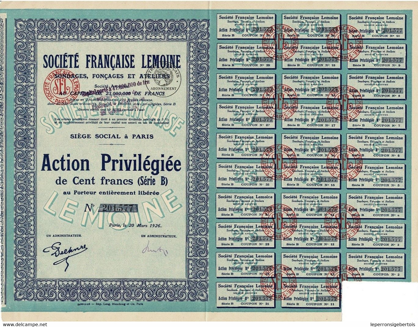 Titre Ancien - Société Française Lemoine  - Sondages, Fonçages Et Ateliers -Titre De 1926 - - Tessili