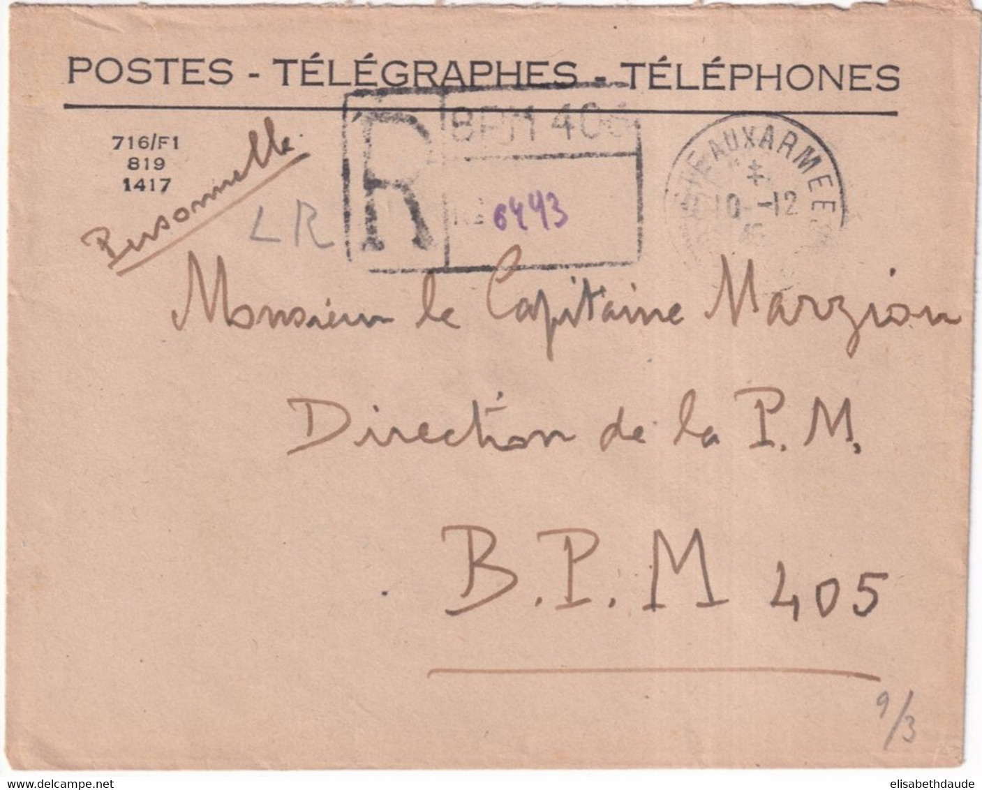 1946 - INDOCHINE - ENVELOPPE RECOMMANDEE Du BPM 406 (SAÏGON) CACHET RARE => BPM 405 (CACHET AU DOS) - POLICE MILITAIRE - Guerre D'Indochine / Viêt-Nam