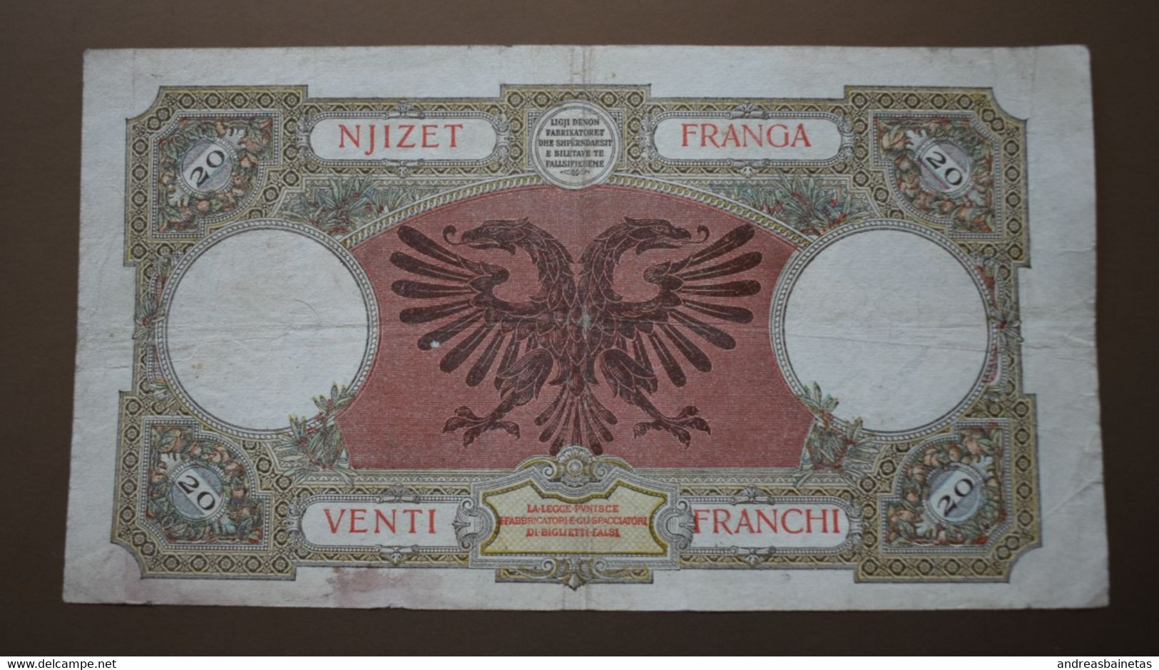 Banknotes ALBANIA  20 Franga 1939 F BANKA KOMBËTARE E SHQIPNIS BANCA NAZIONALE D'ALBANIA - Albanie