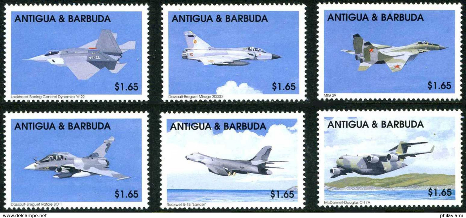 Antigua Barbuda 1998 F22 Raptor, Mirage 2000, Mig 29, Rafale, Rockwell B-1-B (Yvert 2368, St Gibbons 2700) - Airplanes