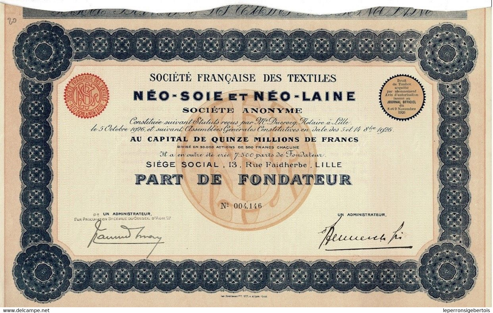 Titre Ancien -Société Française Des Textiles Néo-Soie Et Néo-Laine- Société Anonyme  - Titre De 1926 - Tessili