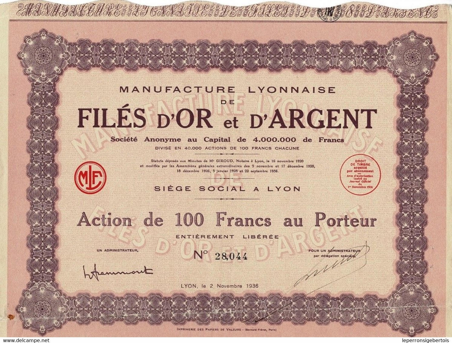 Titre Ancien - Manufacture Lyonnaise De Filés D'Or Et D'Argent - Société Anonyme  - Titre De 1936 - Textile