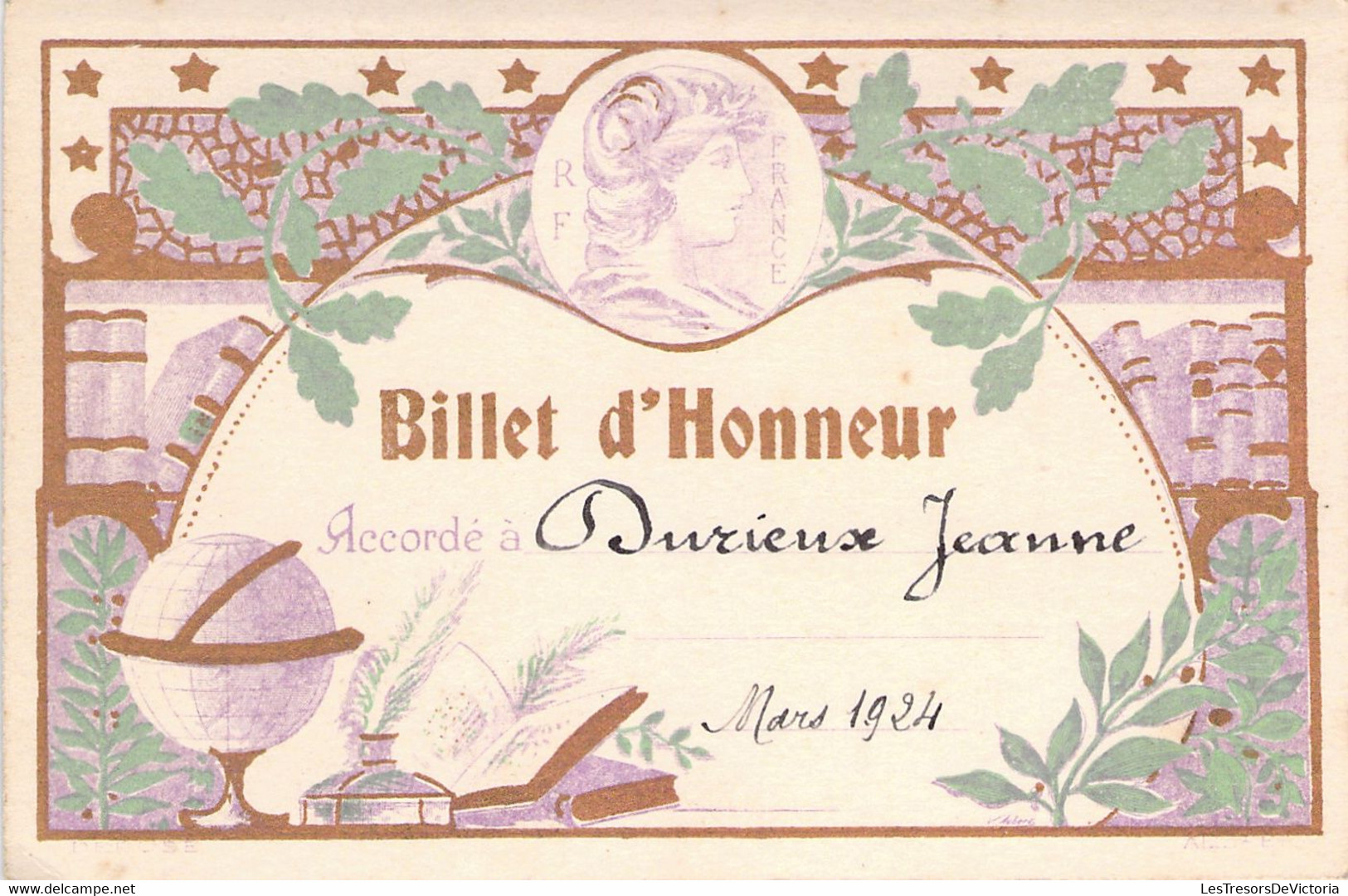 Lot De 4 Billets D'Honneur Accordé à Durieux Jeanne En 1924 - M Fontaine - France - BAISSE DE PRIX -50% - Diplomi E Pagelle